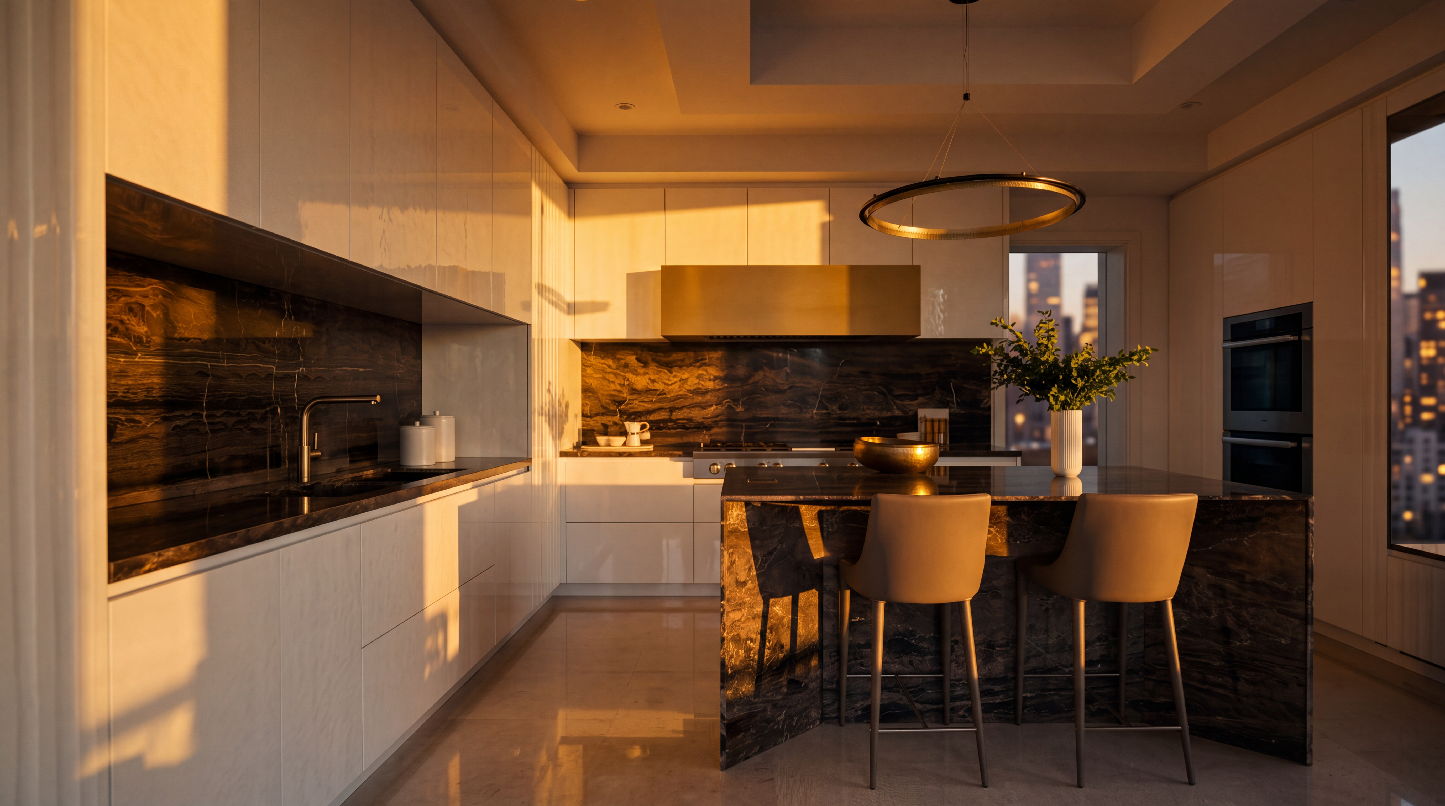 This sophisticated, modern kitchen features high-gloss white cabinetry contrasted by dramatic dark stone surfaces on the countertops, backsplash, and waterfall island. A prominent gold-toned range hood serves as a focal point above the cooktop, while a sleek, circular pendant light hangs above the island, which is accompanied by two neutral-toned bar stools. The space is finished with light-colored stone flooring, creating a bright and luxurious atmosphere.