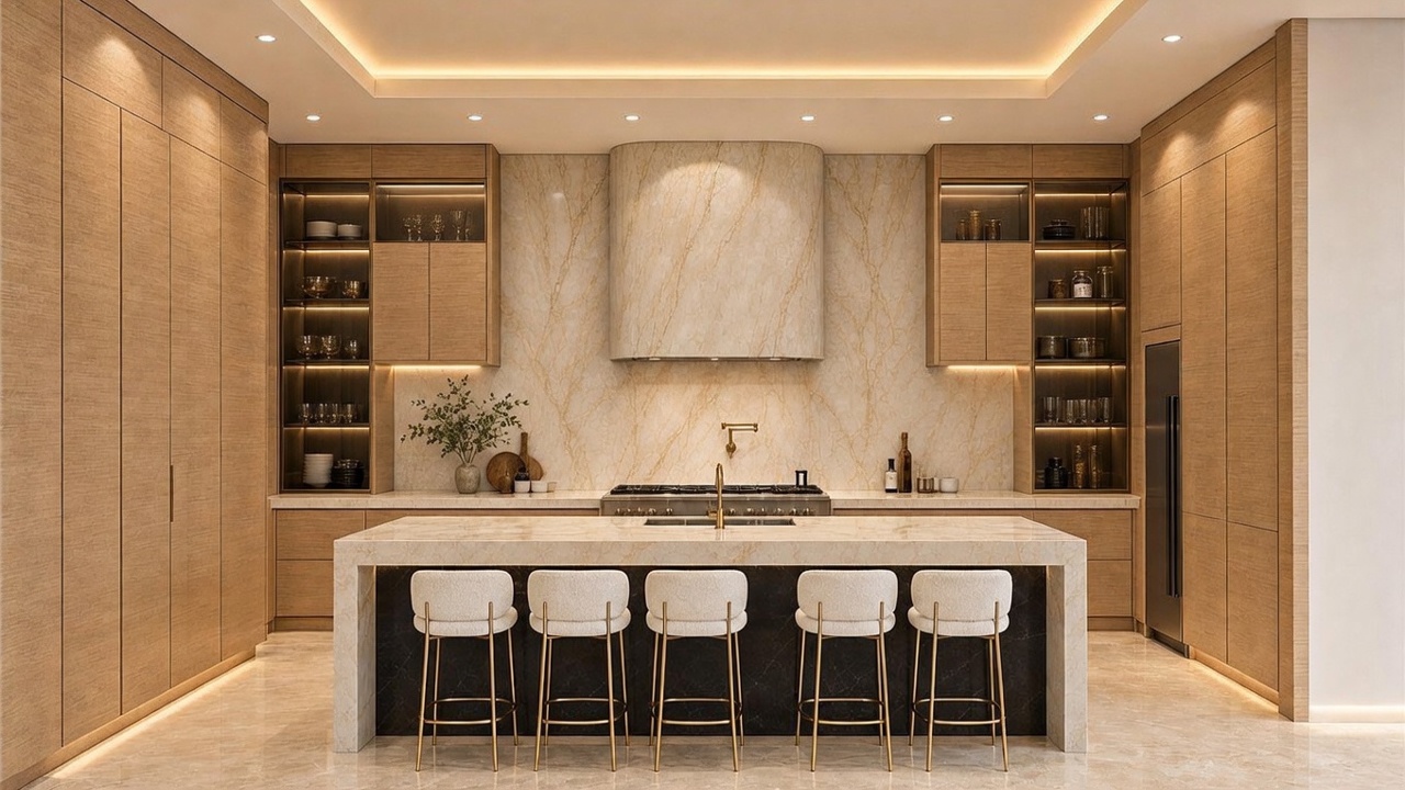 This sophisticated, modern kitchen features a large central island with seating for four and a dark stone base, complemented by light wood cabinetry and a matching stone backsplash. A prominent stone-clad range hood serves as a focal point above the cooktop, while integrated lighting highlights the open shelving and ceiling perimeter. The overall aesthetic is clean, luxurious, and highly curated, presented as a conceptual rendering.