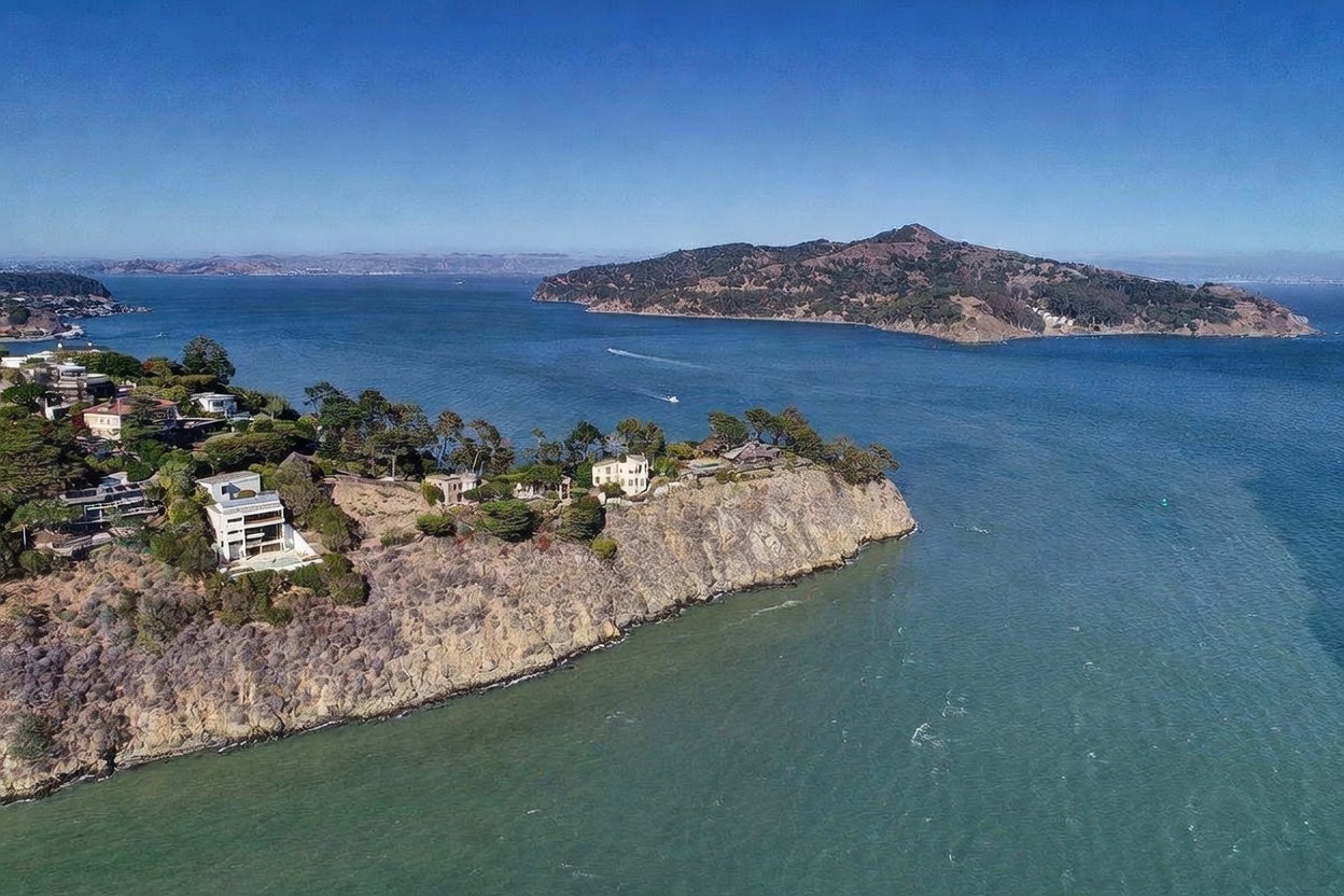 This high-angle aerial perspective captures a stunning coastal property situated on a rugged, rocky cliff overlooking a vast bay. The scene features several luxury residences nestled among mature trees, with the expansive blue water and a distant island creating a dramatic, scenic backdrop. The composition emphasizes the prime waterfront location and the natural beauty of the surrounding landscape.