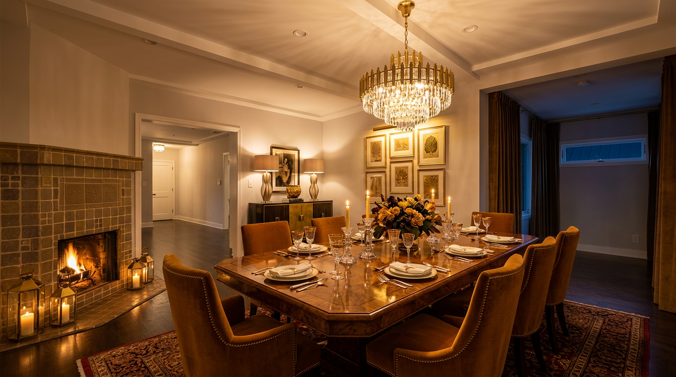 This elegant dining room features a warm color palette with velvet upholstered chairs, a polished wooden table, and a grand crystal chandelier that anchors the space. A cozy stone fireplace with burning logs creates an inviting atmosphere, complemented by ambient lighting and ornate framed artwork. The inclusion of a large dining set and a sophisticated sideboard makes this an ideal space for formal entertaining and hosting family dinners.