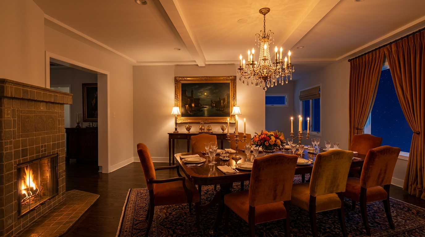 This elegant and formal dining room features a large wood table surrounded by plush, warm-toned velvet chairs, perfect for hosting sophisticated gatherings. A majestic crystal chandelier serves as the centerpiece, complemented by a stone fireplace that adds a cozy, inviting atmosphere to the space. With rich wood floors, an ornate area rug, and a classic landscape painting above a sideboard, the room exudes a timeless, luxurious aesthetic.