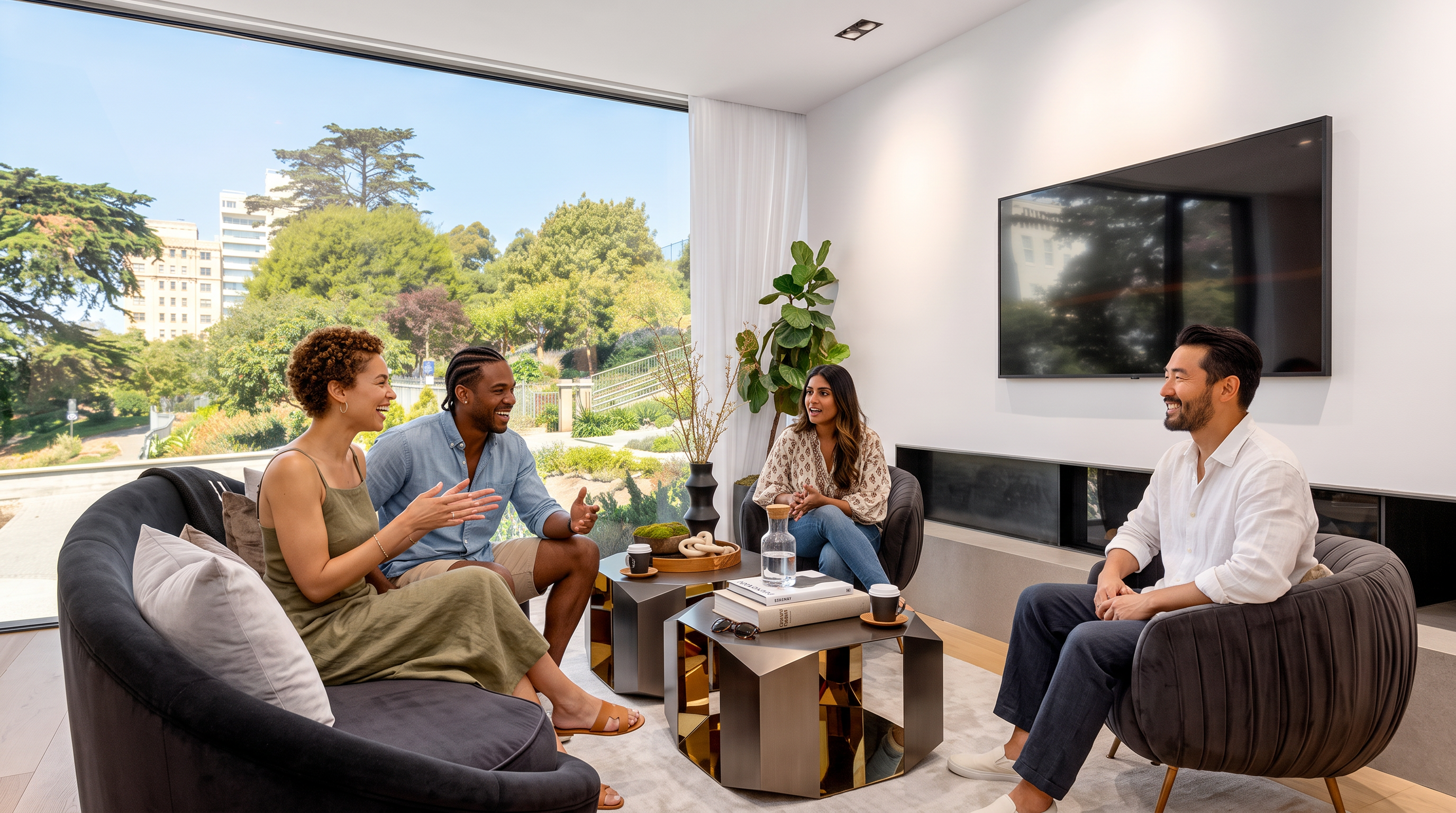 This sophisticated living room features a curved sofa and two accent chairs arranged on a light-toned area rug atop light wood flooring. A large, wall-mounted television sits above a sleek, horizontal fireplace insert set into a minimalist wall. The space is defined by expansive floor-to-ceiling glass that provides a seamless connection to the lush, green park view outside.