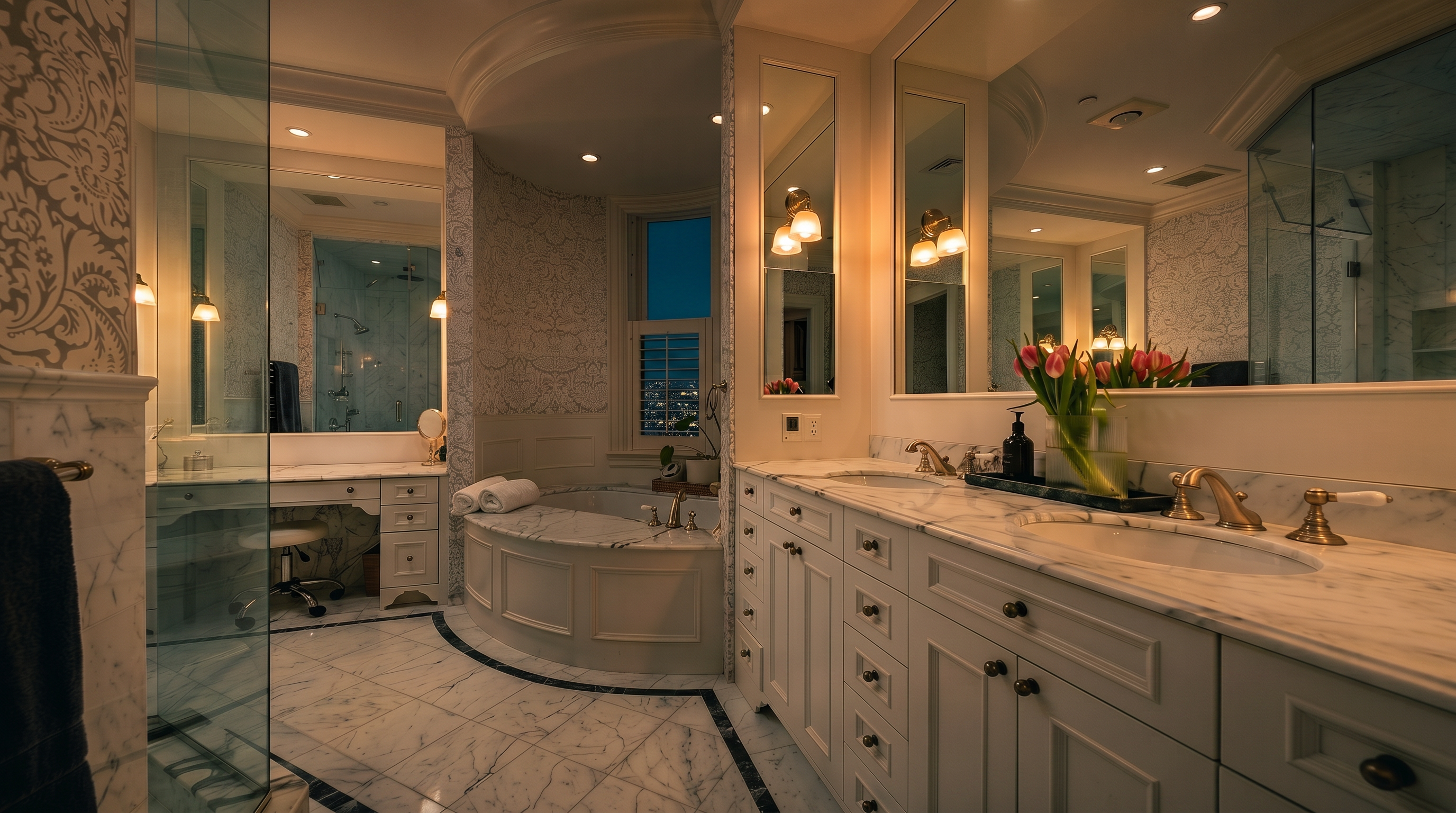 This luxurious primary bathroom features a bright, white aesthetic with extensive use of stone surfaces and elegant cabinetry. The space includes a large soaking tub positioned beneath a window, a double vanity with stone countertops, and a glass-enclosed shower area. The room is accented with patterned wallpaper and polished fixtures, creating a sophisticated and serene atmosphere.