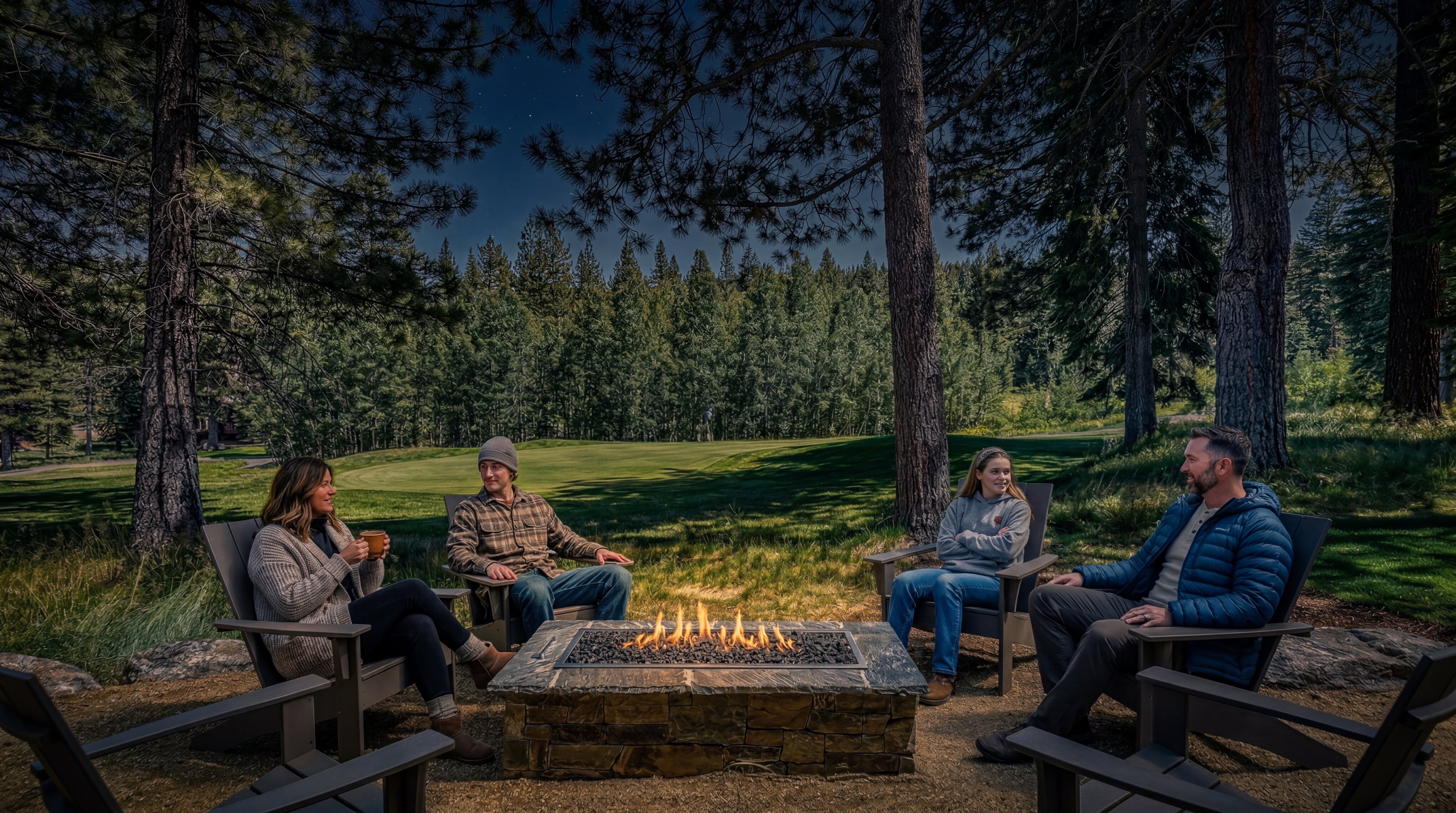 This outdoor space features a stone-clad fire pit centered on a gravel patio, providing a cozy focal point for relaxation. The area is framed by mature pine trees and offers a direct, scenic view of a lush green golf course fairway. The setting creates a tranquil, private atmosphere perfect for enjoying the natural surroundings.
