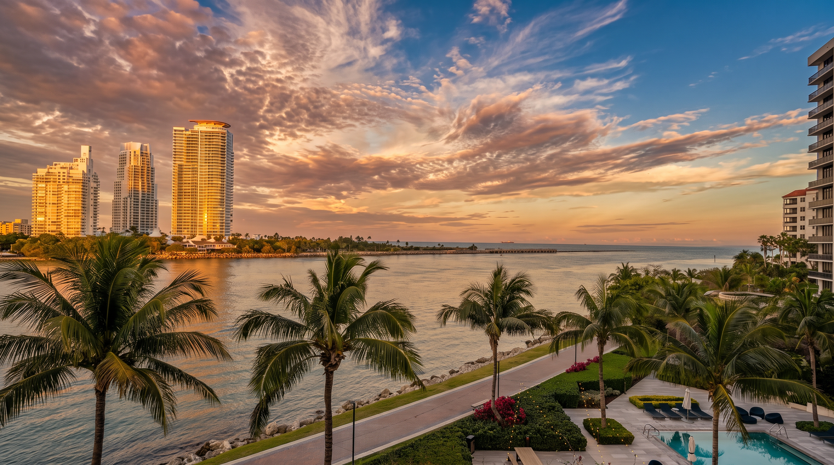 This elevated perspective captures a stunning waterfront view at sunset, featuring a calm bay bordered by a paved walking path and lush tropical landscaping. In the foreground, a swimming pool area with lounge chairs is visible, while the background showcases a skyline of modern high-rise buildings against a vibrant, colorful sky. The scene conveys a luxurious, serene coastal lifestyle with a clear view of the horizon.