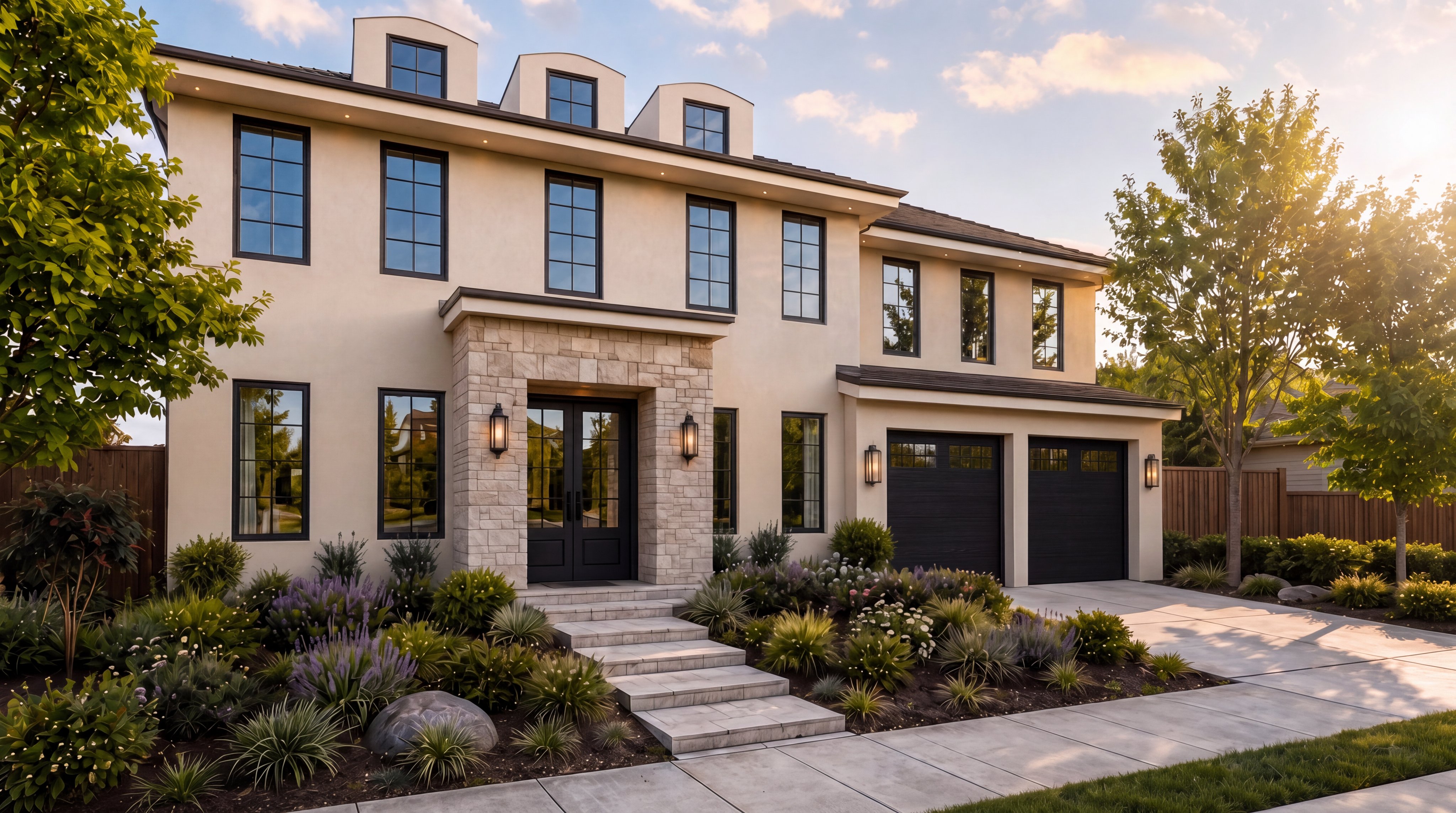 This elegant two-story estate features a sophisticated blend of light-colored stucco and natural stone accents, complemented by dark-framed windows and a matching two-car garage. The front facade is beautifully enhanced by a symmetrical entry with wide stone stairs and meticulously landscaped garden beds filled with diverse plants and purple flowers. The warm, inviting lighting and sunny atmosphere create a luxurious and high-end curb appeal.