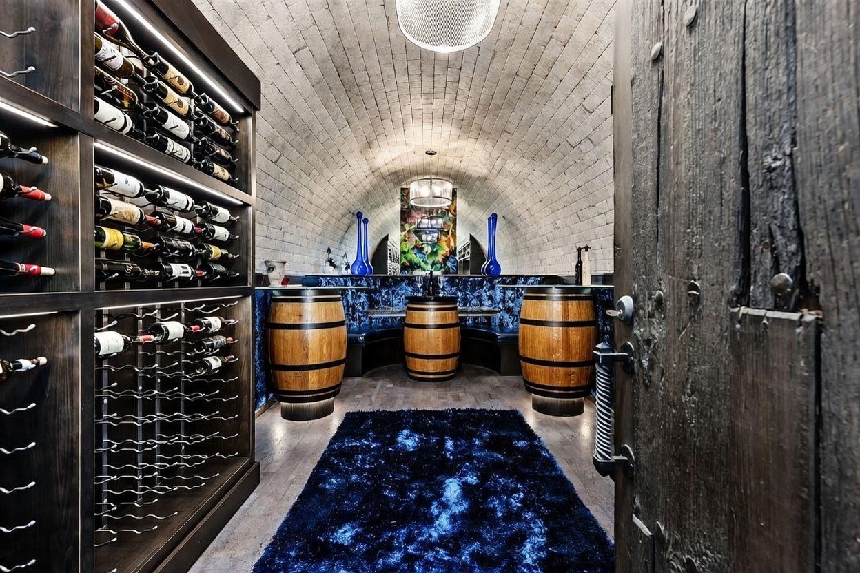This sophisticated wine cellar features a dramatic barrel-vaulted ceiling constructed of light-colored stone blocks. The space is furnished with three wooden wine barrels serving as tables, set against a plush, deep blue velvet-upholstered seating area. A large, custom-built wooden wine rack occupies the left wall, while a dark, rustic wooden door frame provides a cinematic perspective into the room, which is accented by a vibrant, abstract art piece at the far end.