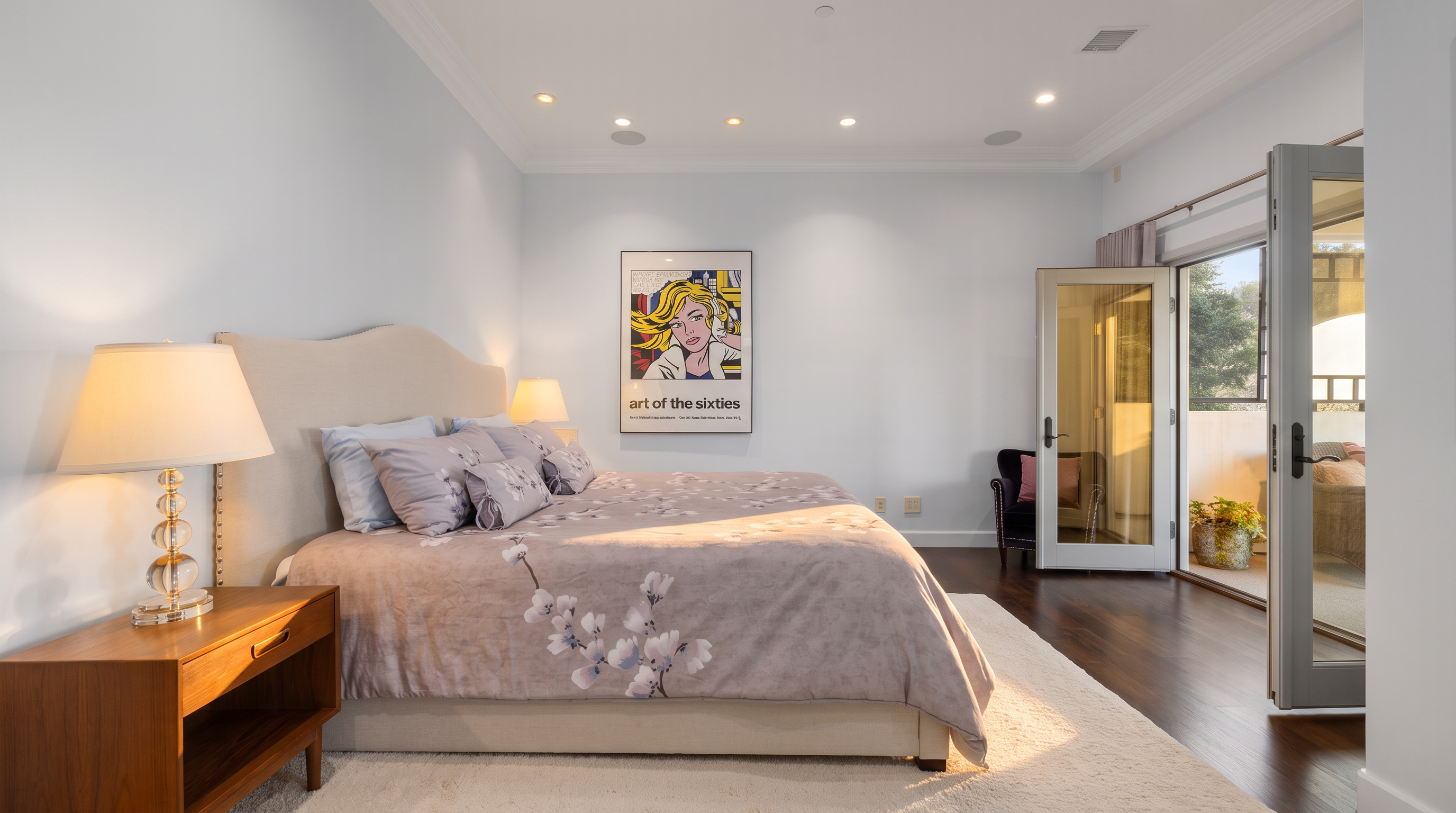 This spacious primary bedroom features a neutral color palette, dark wood flooring, and a large bed with a light-colored upholstered headboard. A piece of pop art hangs centered on the wall above the bed, while a dark velvet armchair sits in the corner near the glass doors that lead to an outdoor space. The room is illuminated by recessed lighting and a bedside lamp, creating a calm and inviting atmosphere.