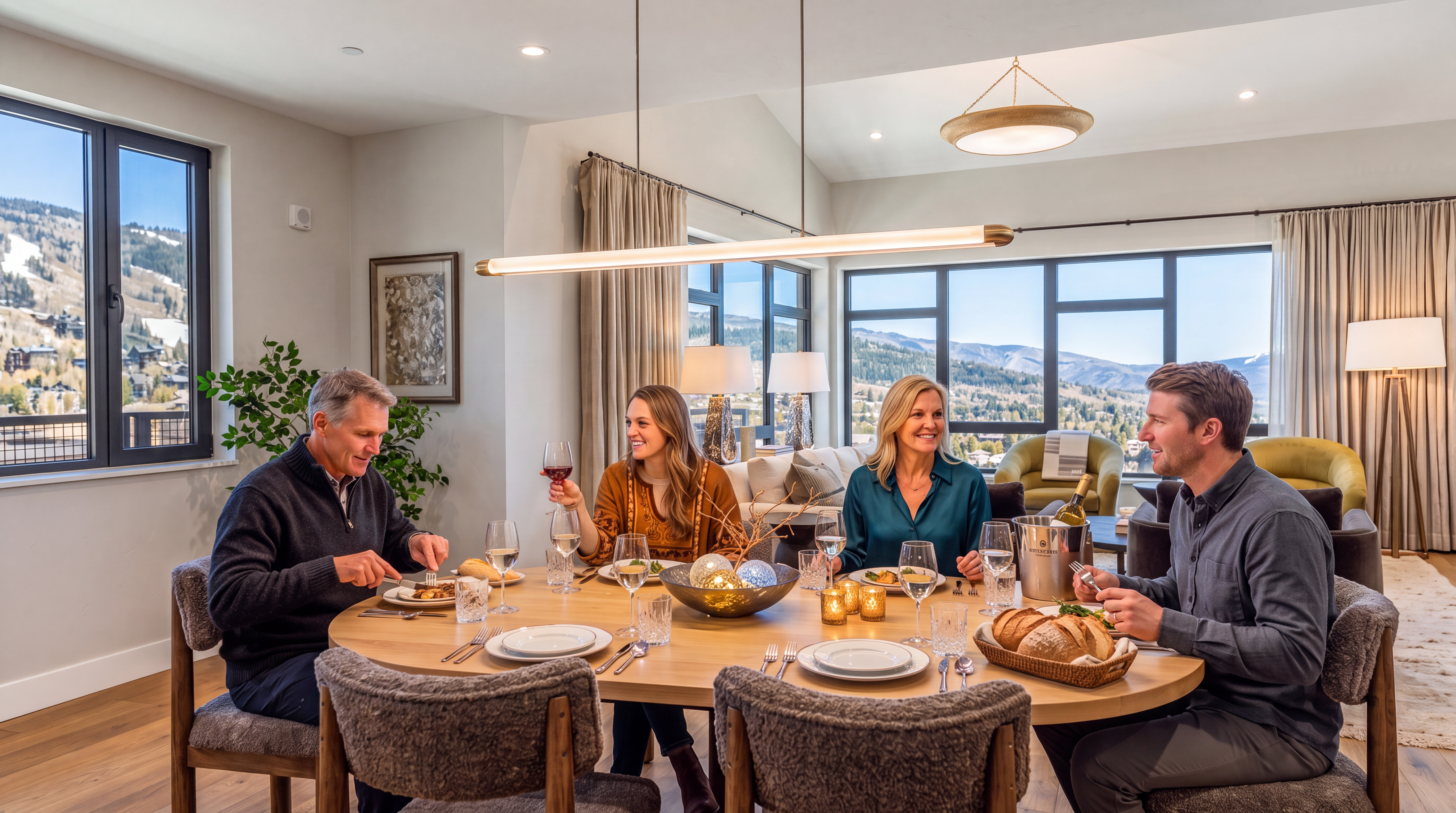 This bright and airy dining room features a large oval wooden table surrounded by six textured, upholstered chairs. The space is illuminated by a sleek, linear pendant light and offers expansive views of the surrounding mountains through large windows and a glass door leading to a balcony. The open-concept layout seamlessly connects the dining area to a living space, creating a sophisticated and inviting atmosphere.