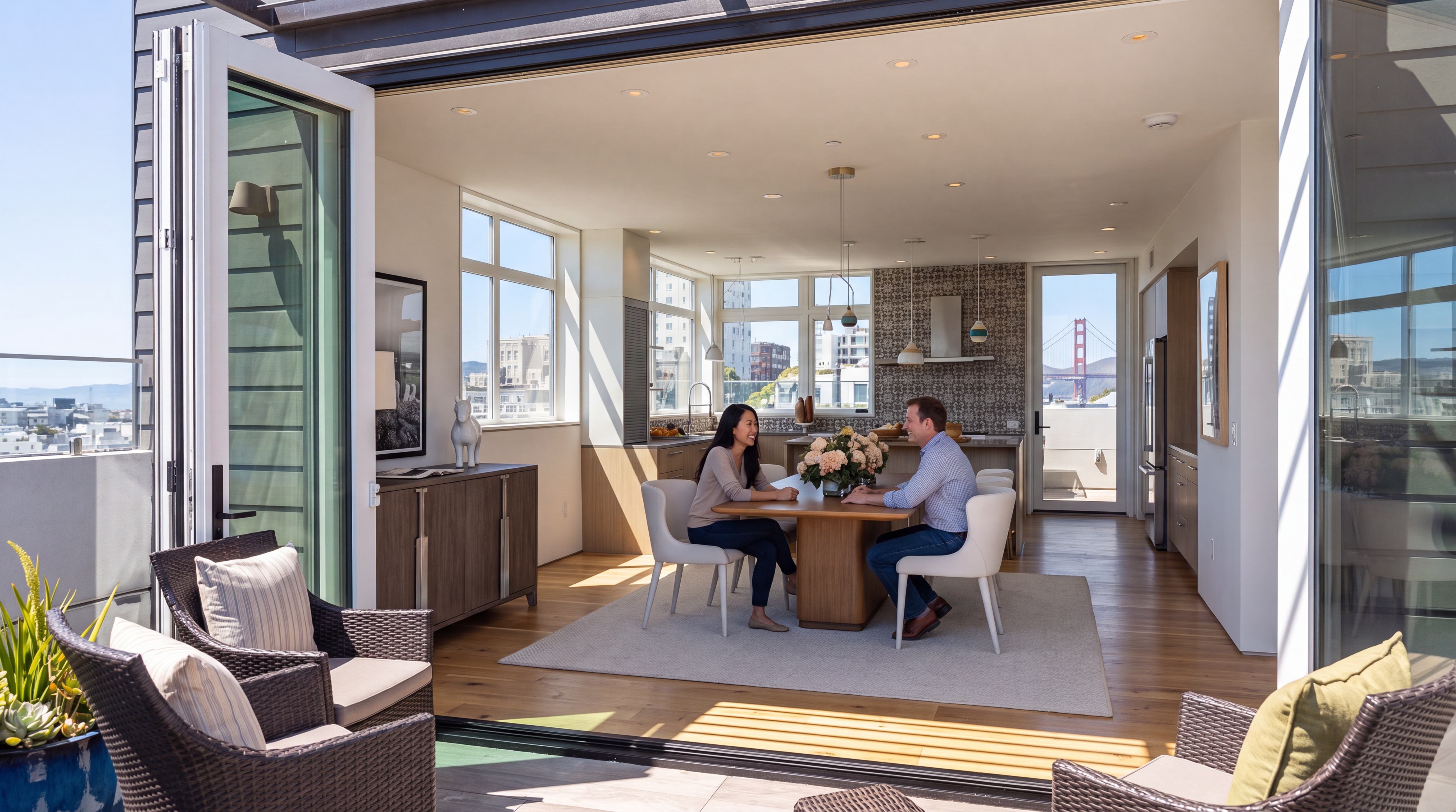 This bright, open-concept dining area features a warm wooden table and white minimalist chairs, centered on a neutral area rug. Large, floor-to-ceiling bi-fold doors open onto a private deck, seamlessly connecting the interior to an outdoor living space with scenic city views including the Golden Gate Bridge. The space is accented by modern pendant lighting, sleek cabinetry, and a sophisticated, airy design that emphasizes indoor-outdoor living.
