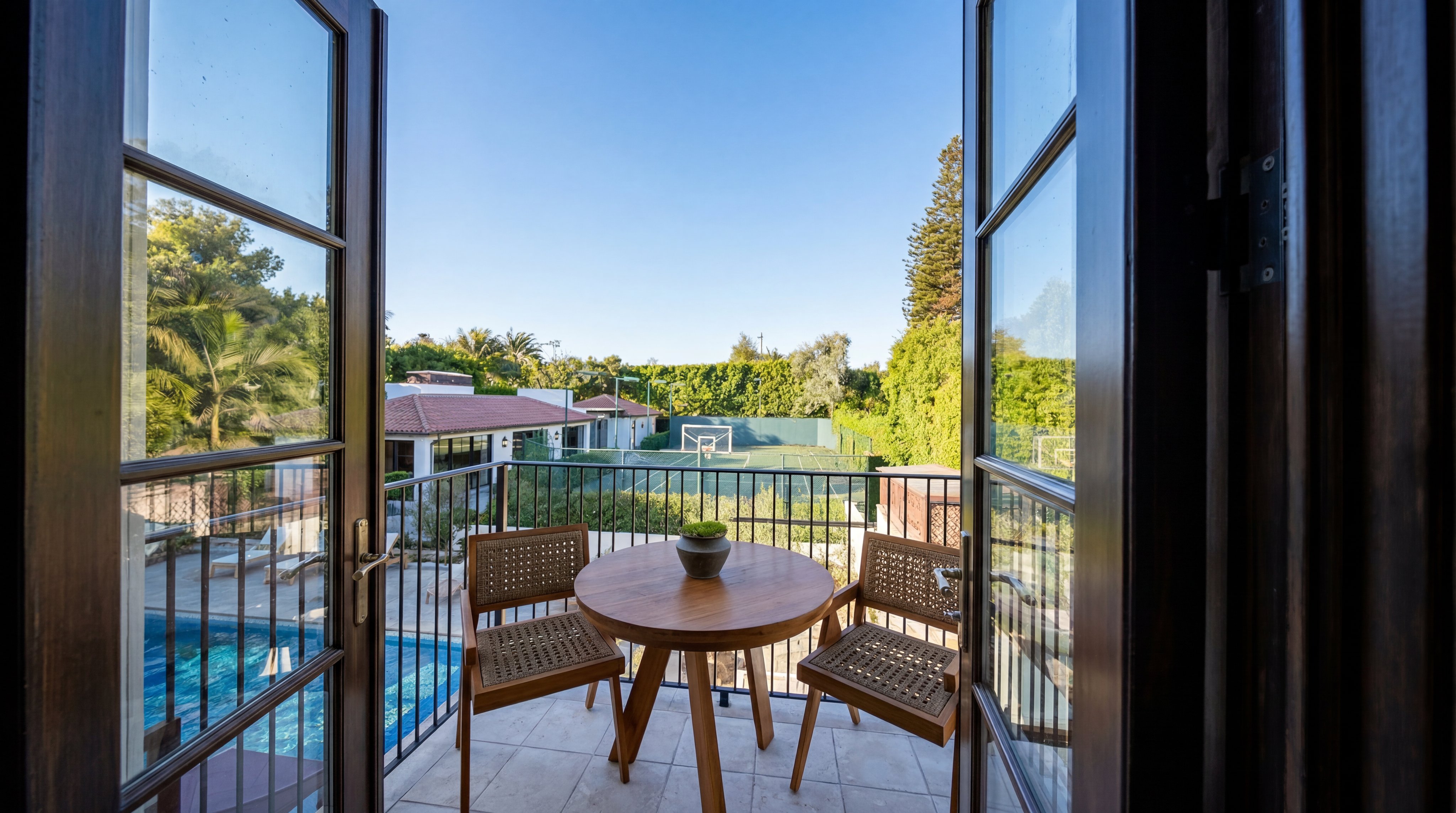 This image shows a private balcony overlooking a beautifully landscaped backyard area that includes a tennis court. The balcony is furnished with a small round wooden table and two matching chairs, creating an intimate outdoor seating space. The view through the French door frame highlights the seamless transition between indoor and outdoor relaxation areas.