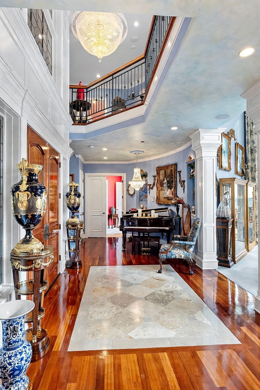 This grand foyer features a dramatic curved staircase with ornate metal railings and a large crystal chandelier suspended from the ceiling. The space is adorned with polished wood flooring, a central stone-tiled inlay, and decorative blue-toned walls, creating an opulent and formal atmosphere. A baby grand piano sits in the background, complemented by antique-style vases and framed artwork, emphasizing the home's luxurious and traditional design.