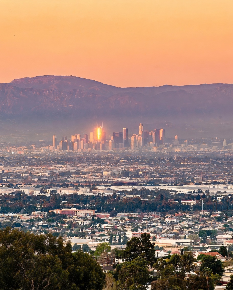 This wide-angle aerial perspective captures a sprawling urban landscape at sunset, with the Los Angeles skyline prominently featured in the distance. The city is framed by rolling mountains under a warm, golden-hued sky, while a single skyscraper catches the direct sunlight, creating a brilliant, reflective flare. The foreground shows a dense residential neighborhood, providing a sense of scale and location for the property's surroundings.