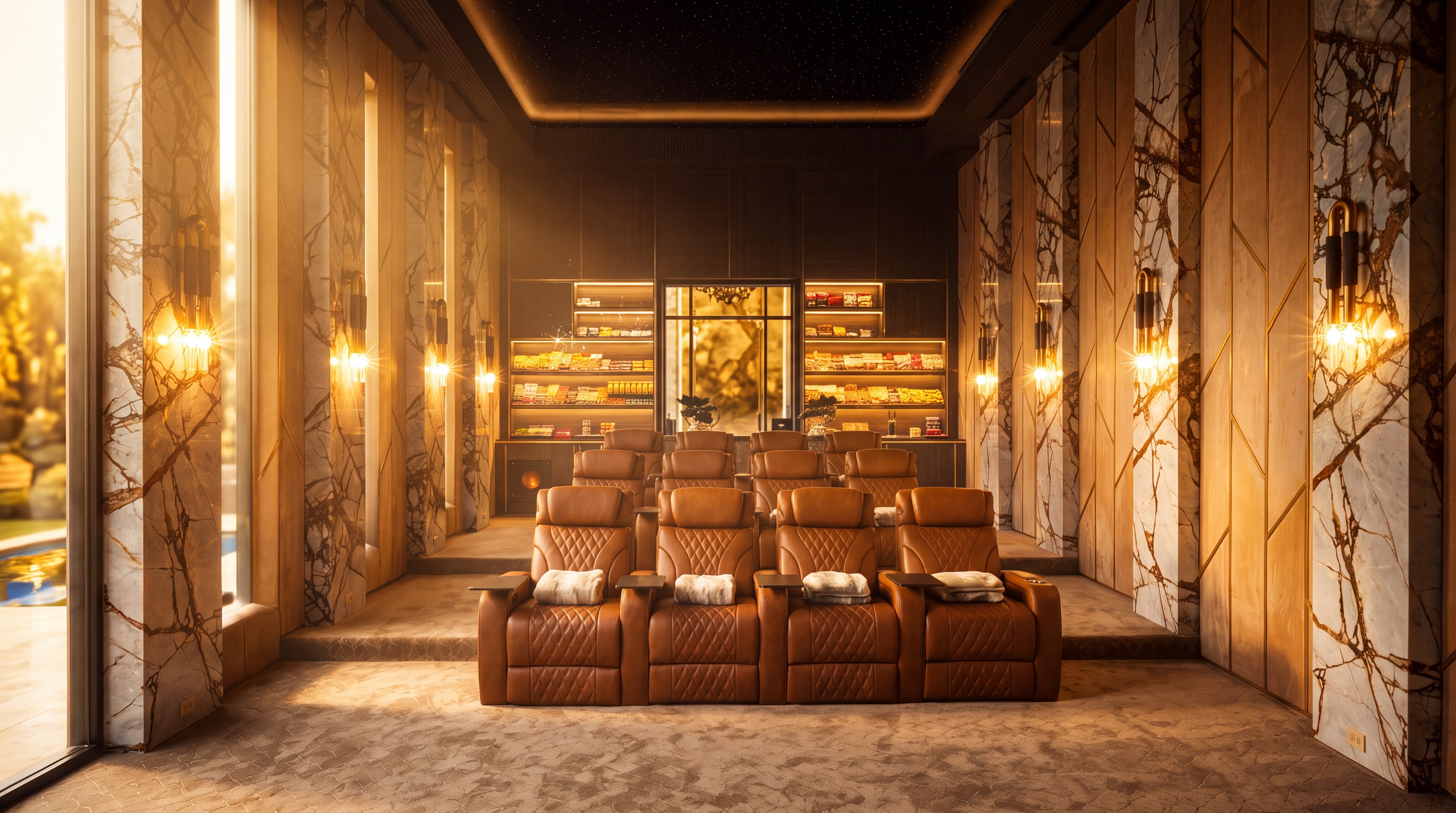 This luxurious home theater features tiered seating with plush, diamond-stitched brown leather recliners and a dedicated snack bar area in the back. The room is accented by dramatic wall panels of patterned stone and wood, complemented by warm wall sconce lighting and a dark ceiling with a starry night effect. The perspective captures the full depth of the room, highlighting the sophisticated design and high-end amenities suitable for private entertainment.