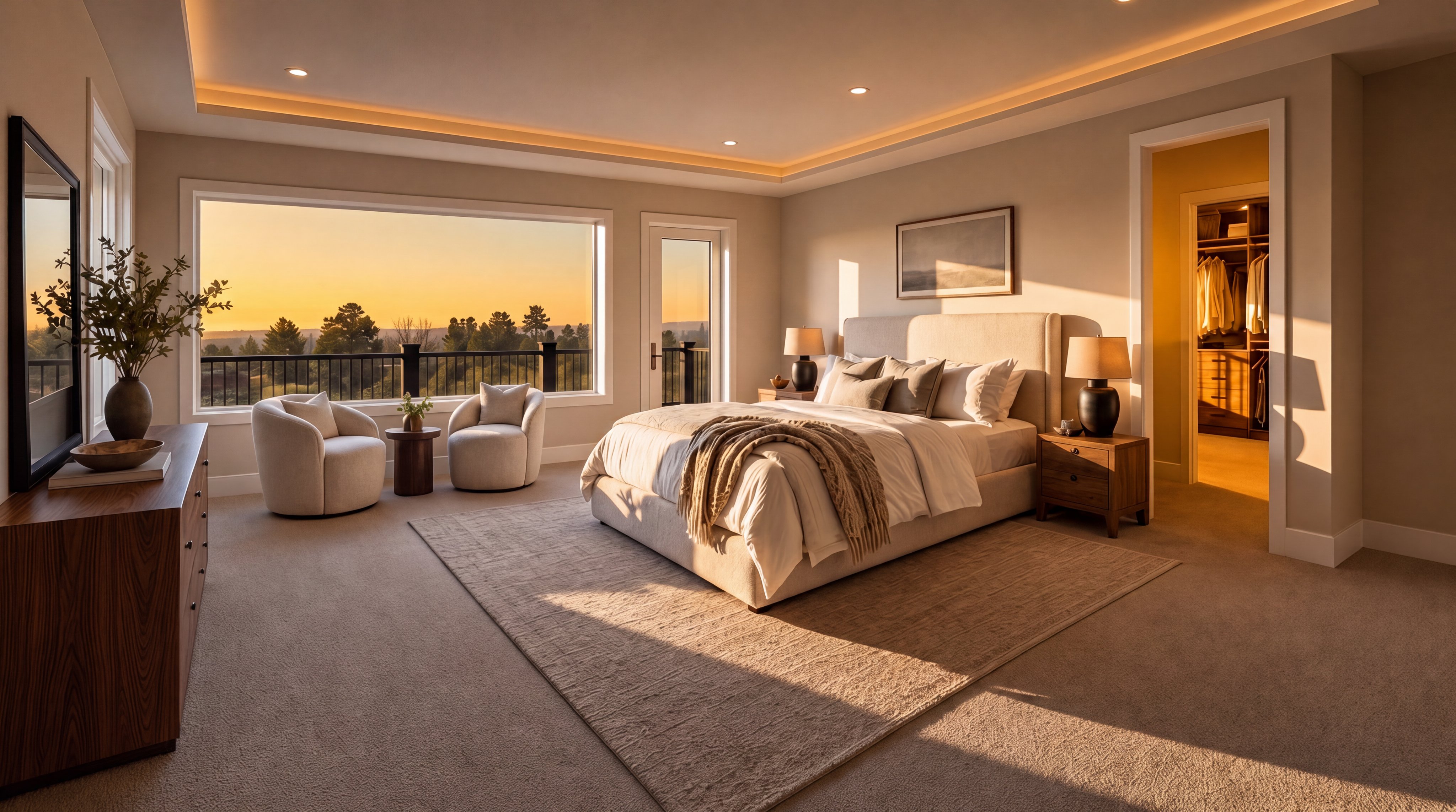 This spacious primary bedroom features a modern, neutral color palette with warm, golden-hour natural light streaming through a large picture window that overlooks a scenic outdoor view. The room is elegantly appointed with an upholstered bed, a cozy seating area with two armchairs, and a direct entrance to an expansive walk-in closet. The overall atmosphere is serene and luxurious, enhanced by recessed cove lighting and premium finishes.
