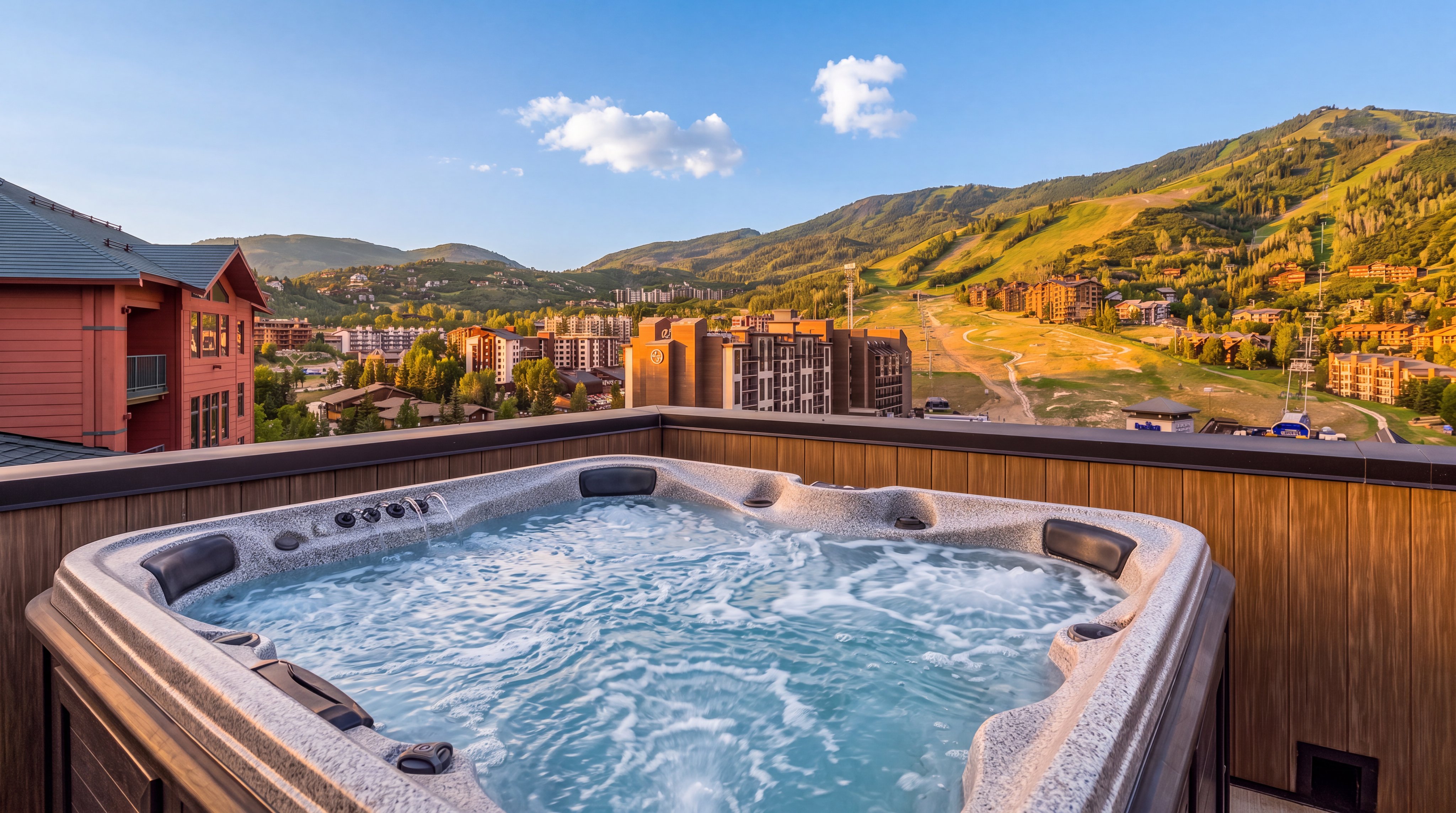 This elevated outdoor space features a modern, bubbling hot tub positioned on a deck with a panoramic view of a mountain resort landscape. The scene captures a clear blue sky above rolling green hills and ski slopes, with nearby multi-story buildings visible in the mid-ground. The perspective is from a high vantage point, emphasizing the luxurious and relaxing nature of the private spa amenity.
