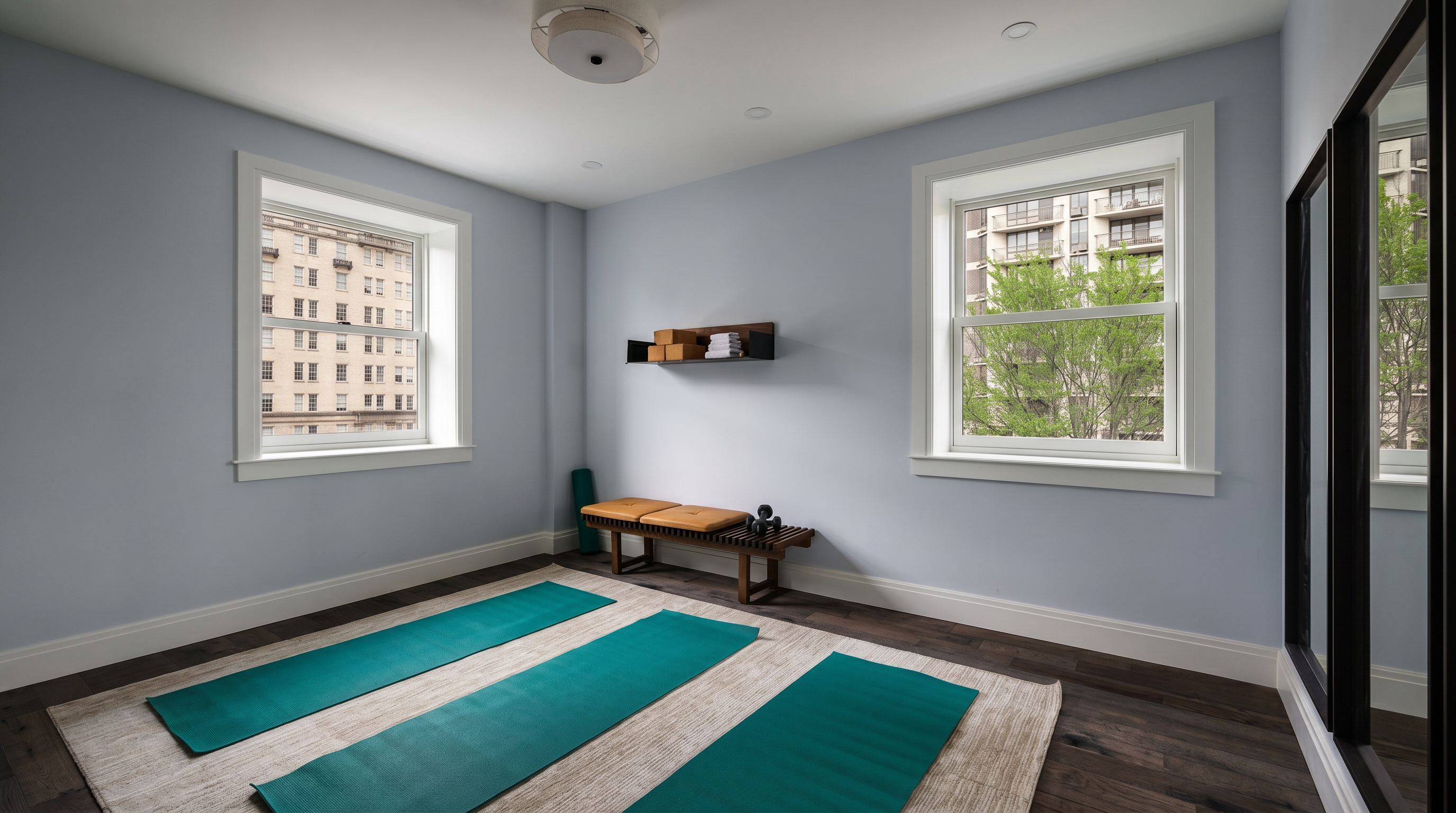 This bright and airy home gym features light blue walls, dark hardwood flooring, and two large windows that provide ample natural light. The room is equipped with three teal yoga mats laid out on a neutral area rug, a wooden bench with cushions, and a wall-mounted shelf holding yoga blocks and towels. A large mirror on the right wall enhances the sense of space, creating a serene and functional environment for exercise.