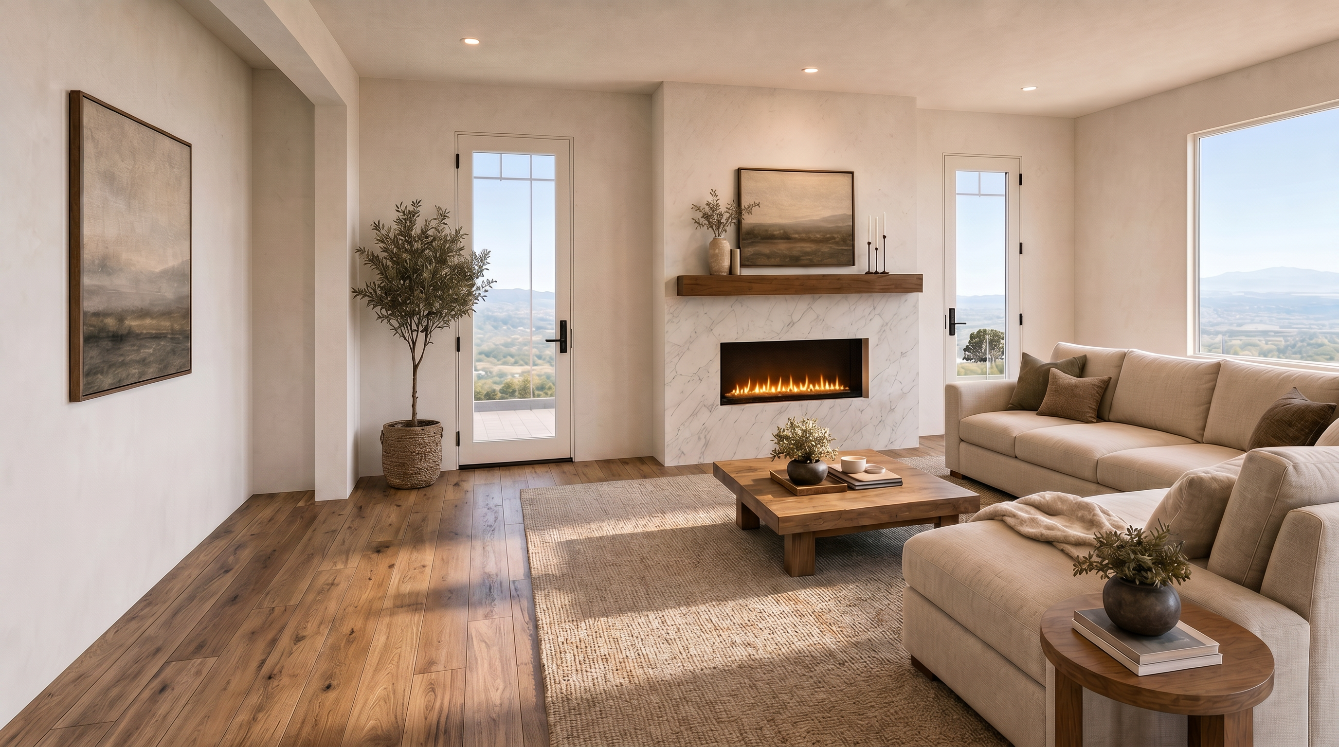 This bright and airy living room features a modern fireplace with a white marble surround and a prominent wooden mantelpiece. The space is anchored by a large, neutral-toned sectional sofa and a matching wooden coffee table, creating a warm and inviting atmosphere. Large windows and glass doors allow for an abundance of natural light, emphasizing a sleek, contemporary, and minimalist design aesthetic.