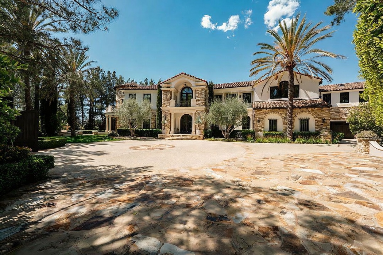 This grand Mediterranean-style estate features a prominent stone facade with a multi-gabled roofline and a central arched entryway. A sweeping circular driveway paved with natural stone leads up to the residence, which is framed by mature palm trees and manicured landscaping. The bright, sunny sky and clear architectural lines create an impression of luxury and expansive curb appeal.