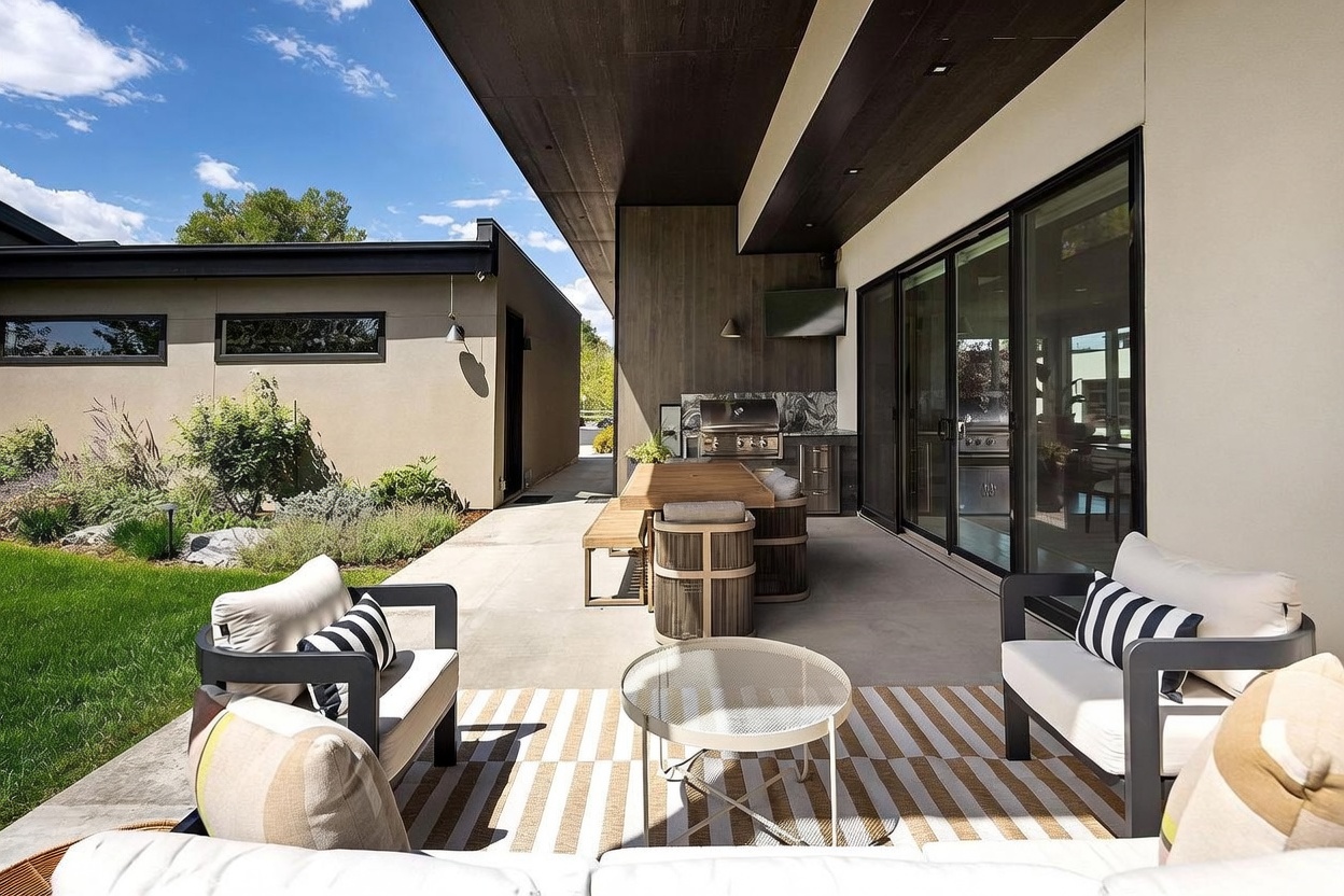 This modern covered patio offers a seamless transition between indoor and outdoor living, featuring a built-in outdoor kitchen with a grill and a dining area. The space is furnished with comfortable lounge seating on a striped rug, overlooking a manicured lawn and a secondary structure. The architectural design emphasizes clean lines, dark wood-toned ceiling accents, and large glass sliding doors that connect the interior to the patio.