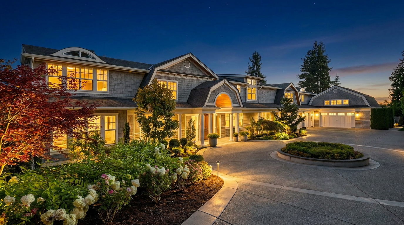 This grand, multi-gabled estate features classic shingle-style architecture with a sprawling, light-gray facade and a prominent arched entryway. A circular concrete driveway leads to the home, centered around a decorative stone fountain, while lush landscaping with vibrant red foliage and white hydrangeas frames the foreground. The scene is captured from a low-angle perspective on a clear, sunny day, emphasizing the home's expansive scale and elegant curb appeal.
