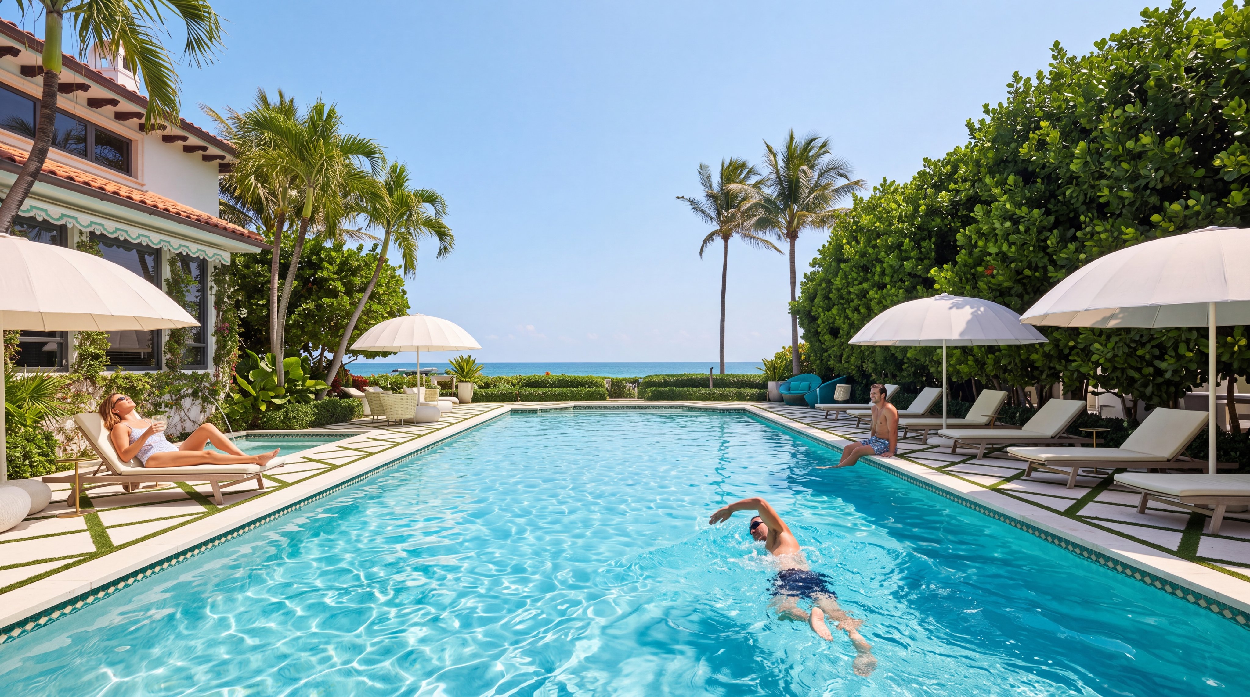 This stunning outdoor space features a long, rectangular swimming pool as the centerpiece, perfectly positioned to capture a picturesque view of the ocean. The patio is elegantly furnished with multiple white umbrellas and lounge chairs, surrounded by lush landscaping and mature palm trees that create a private, resort-like atmosphere. The integration of the home's architecture with the pool deck creates a luxurious and inviting environment for relaxation and leisure.