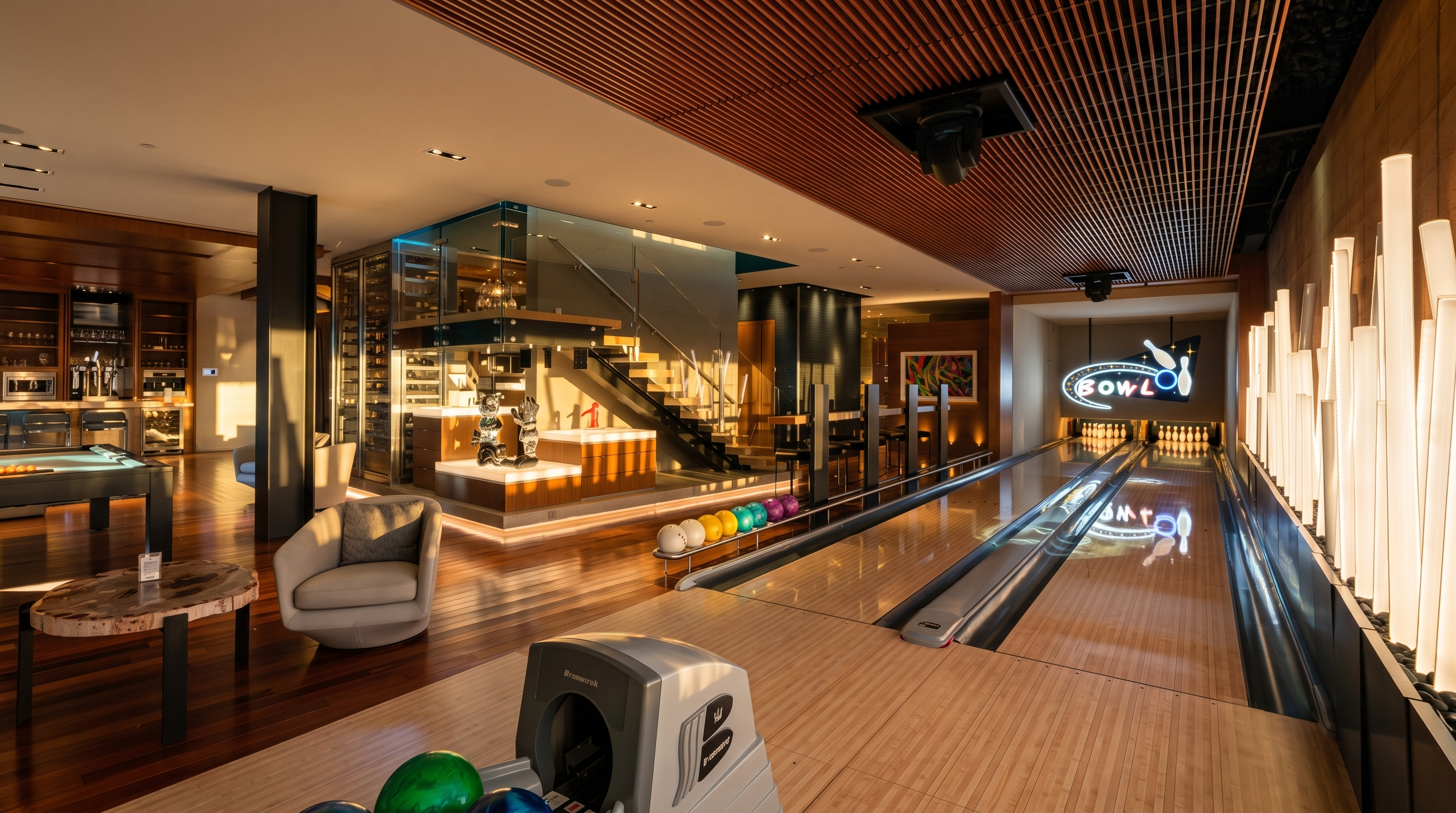 This luxury home features a private, professional-grade bowling alley integrated into an open-concept entertainment space. The room includes a sleek Brunswick ball return, a lounge area with a comfortable armchair, and a glass-enclosed wine cellar near a modern staircase. The ceiling is finished with a distinctive slatted wood design, and the overall aesthetic is sophisticated, contemporary, and designed for high-end recreation.