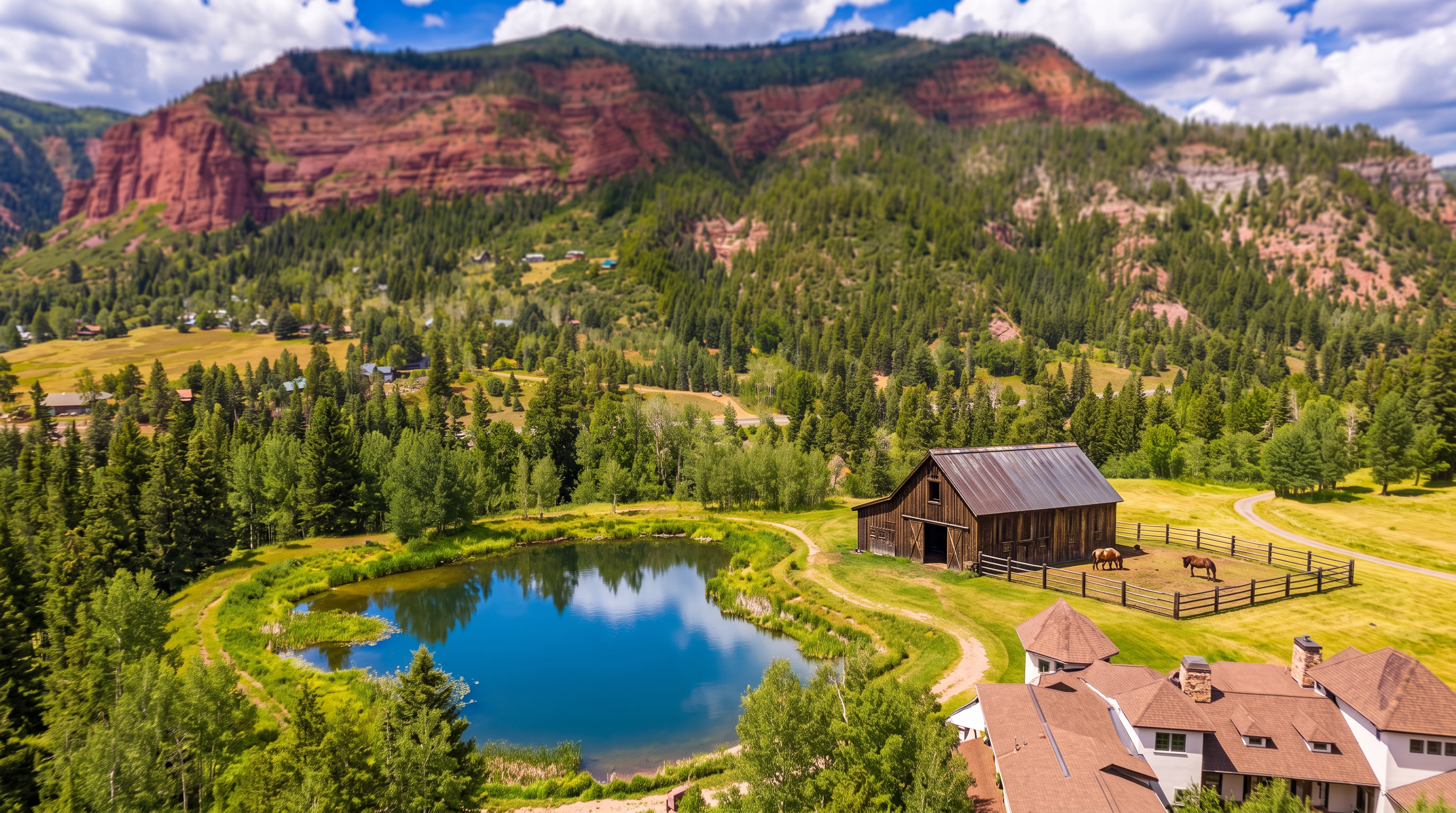 This stunning aerial view captures a sprawling mountain estate set against a dramatic backdrop of red rock cliffs and lush evergreen forests. The property features a private pond, a rustic barn, a large residence, and meticulously maintained grounds, all set within a scenic valley landscape. It offers an exceptional sense of seclusion and natural beauty, highlighting the expansive outdoor space and peaceful environment.