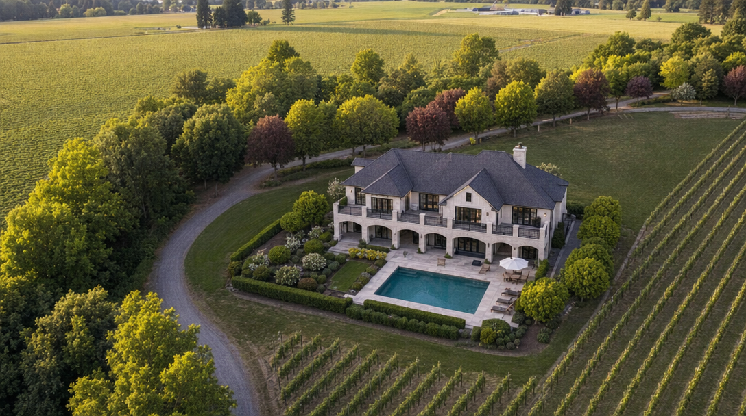 This stunning aerial view showcases a luxurious, multi-story residence nestled within a vast estate, complete with a beautifully manicured garden and a private swimming pool. The property is surrounded by lush green fields and neat rows of grapevines, highlighting a sophisticated, rural Mediterranean-inspired aesthetic. Its expansive architecture, characterized by arched covered patios and generous balcony space, offers a serene and picturesque retreat perfect for high-end country living.