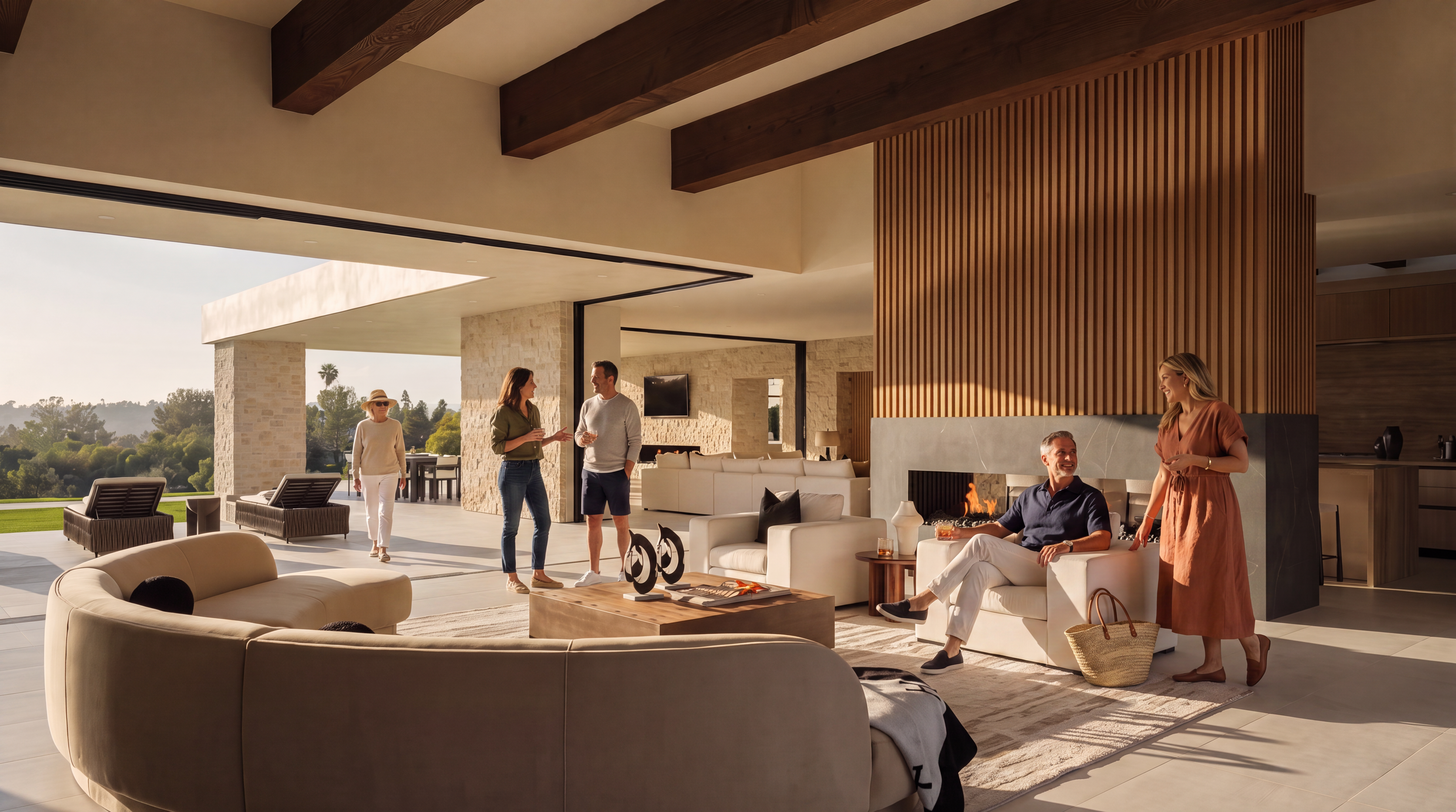 This expansive, open-concept living area seamlessly blends indoor and outdoor spaces through large sliding glass walls that open to a covered patio. The room features a prominent fireplace with a dark stone base and a tall, vertical wood-slat surround that draws the eye upward toward the exposed wood ceiling beams. A curved sofa and plush armchairs create a sophisticated seating arrangement, while the neutral color palette and natural textures evoke a serene, high-end modern aesthetic.