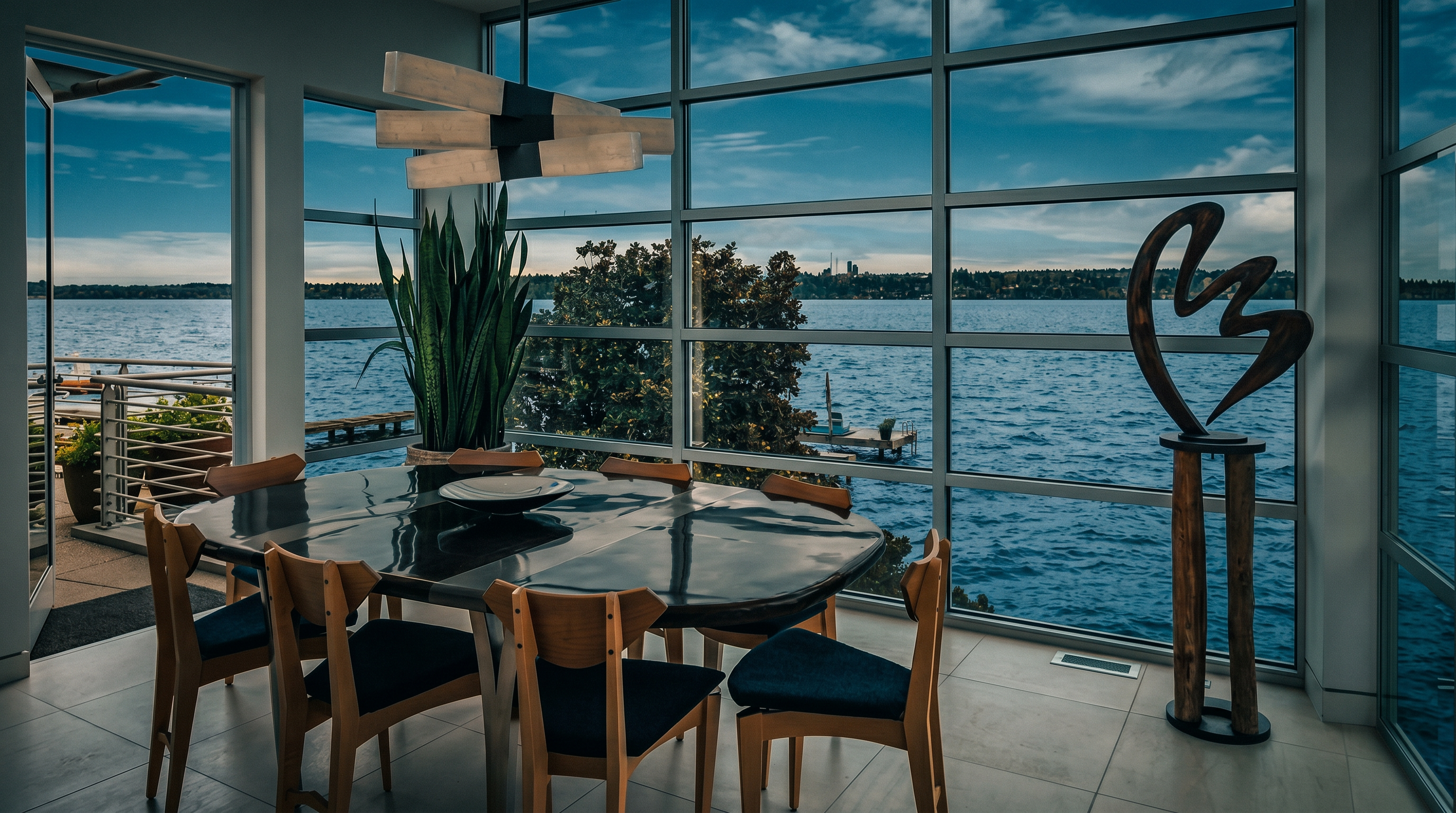 This bright dining room features a contemporary oval table surrounded by six light wood chairs with dark upholstered seats. The space is defined by expansive, floor-to-ceiling windows that provide a panoramic view of the lake and distant city skyline. A sculptural light fixture hangs above the table, while a large abstract metal sculpture stands near the glass, creating a sophisticated and airy atmosphere.