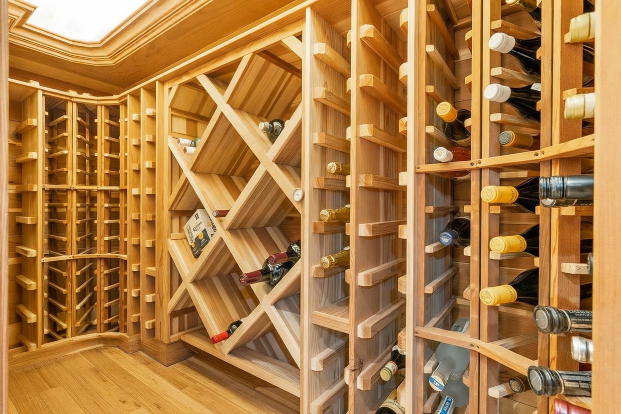 This custom-built wine cellar features extensive light wood racking systems designed for both individual bottle storage and diamond-bin bulk storage. The space is organized with vertical shelving units and angled racks, creating a sophisticated and functional environment for wine collection. The perspective is a close-up, angled view looking into the wooden shelving structure, highlighting the craftsmanship and storage capacity of the room.