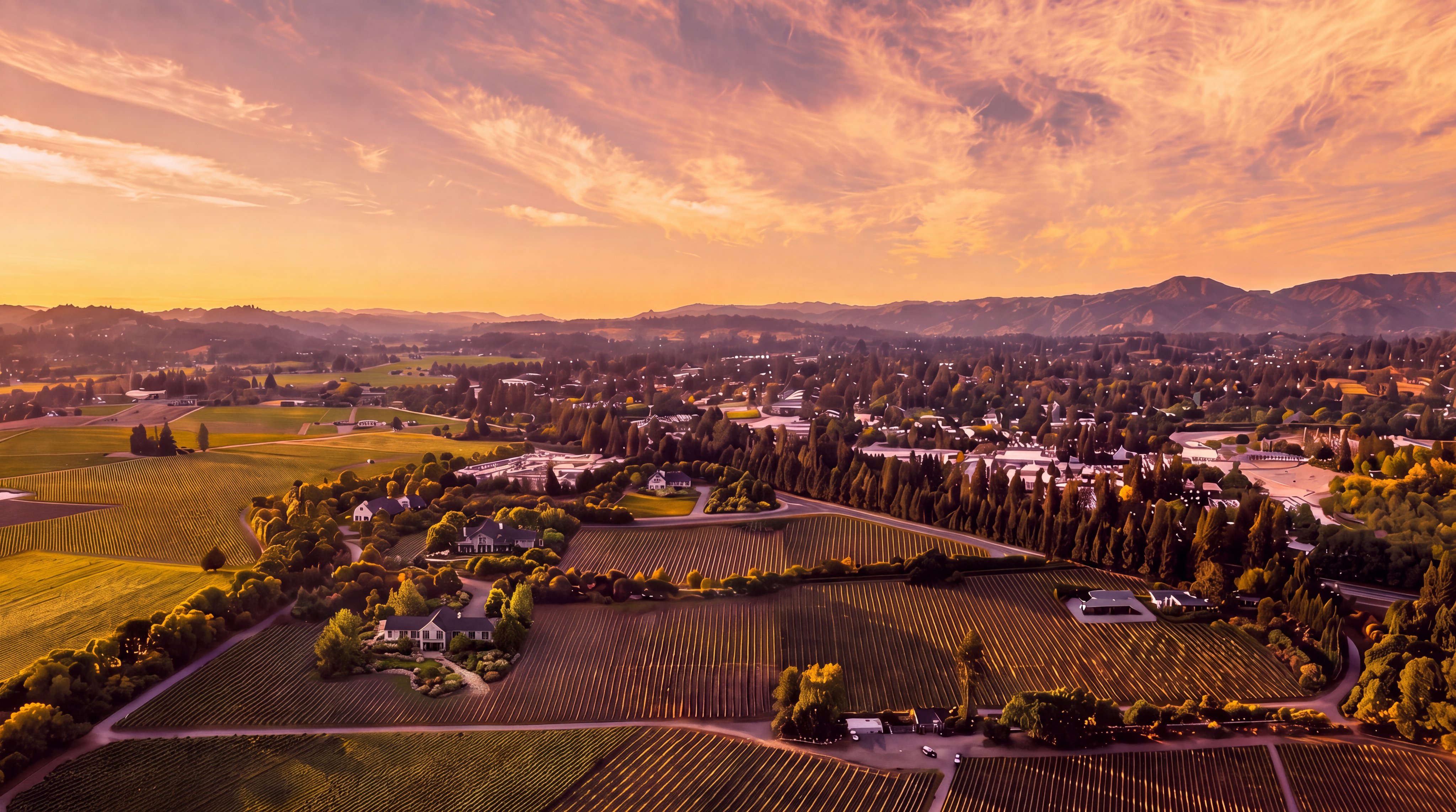 This stunning aerial view captures a sprawling vineyard estate set against a picturesque mountainous backdrop during a golden-hour sunset. The property features neatly manicured rows of grapevines surrounding several stately homes, with lush greenery and mature trees enhancing the serene landscape. It offers an exceptional impression of a quiet, luxury rural lifestyle in a vast, well-maintained agricultural setting.