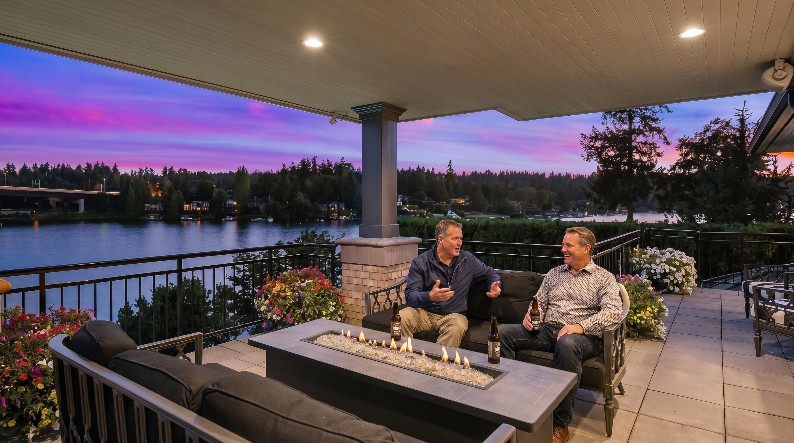 This covered outdoor patio offers a sophisticated lounge area featuring dark-toned cushioned seating arranged around a central rectangular fire table. The space is framed by a metal railing that overlooks a serene lake at sunset, with a vibrant purple and orange sky providing a dramatic backdrop. The tiled flooring and recessed ceiling lighting create a polished, inviting atmosphere perfect for evening relaxation.
