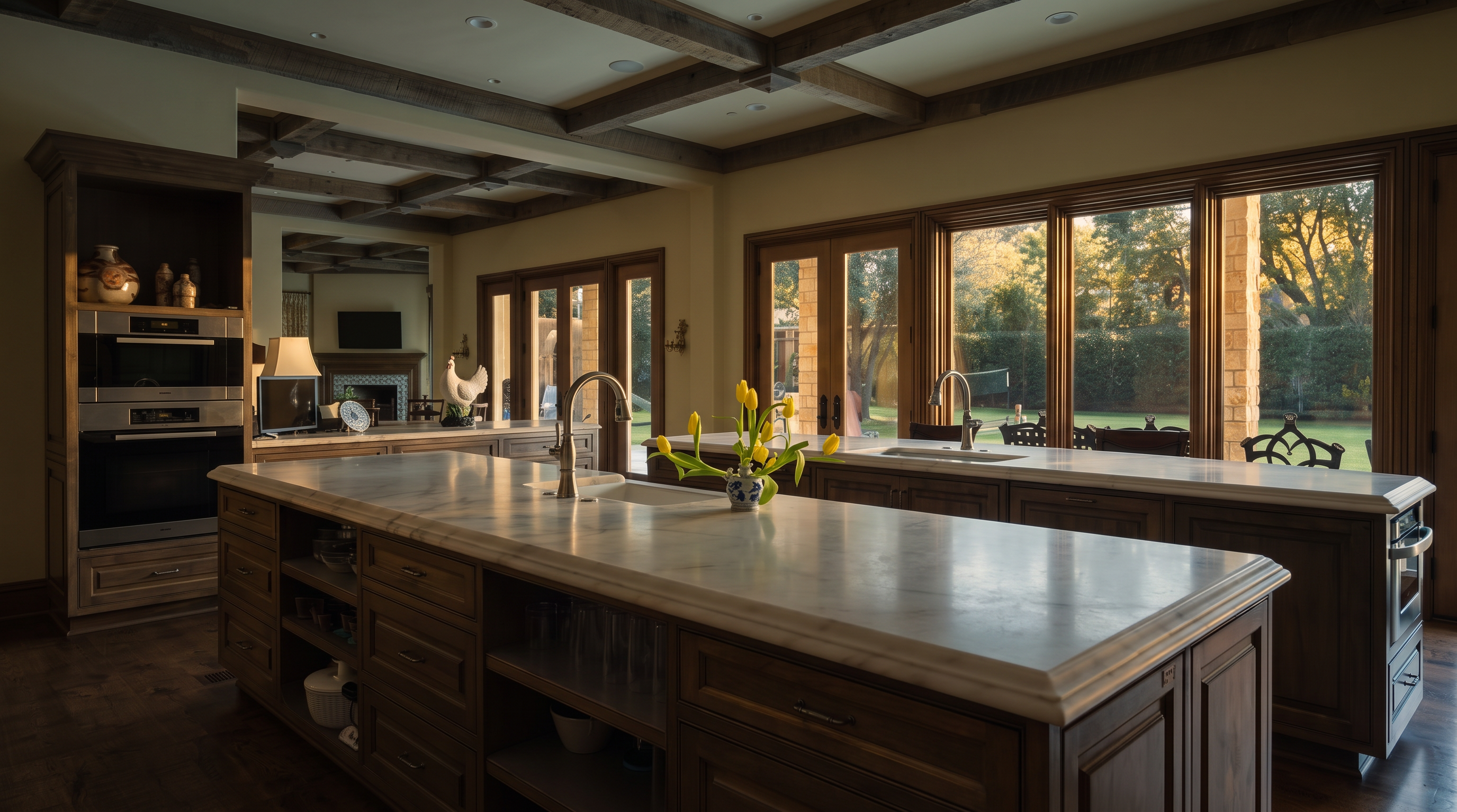 This spacious, high-end kitchen features dual islands with light-toned stone countertops and dark wood cabinetry. The room is defined by a coffered ceiling with exposed wood beams and large windows that provide an expansive view of the outdoor greenery. The perspective captures the depth of the kitchen, highlighting the professional-grade appliances and the seamless transition between the indoor cooking space and the exterior landscape.