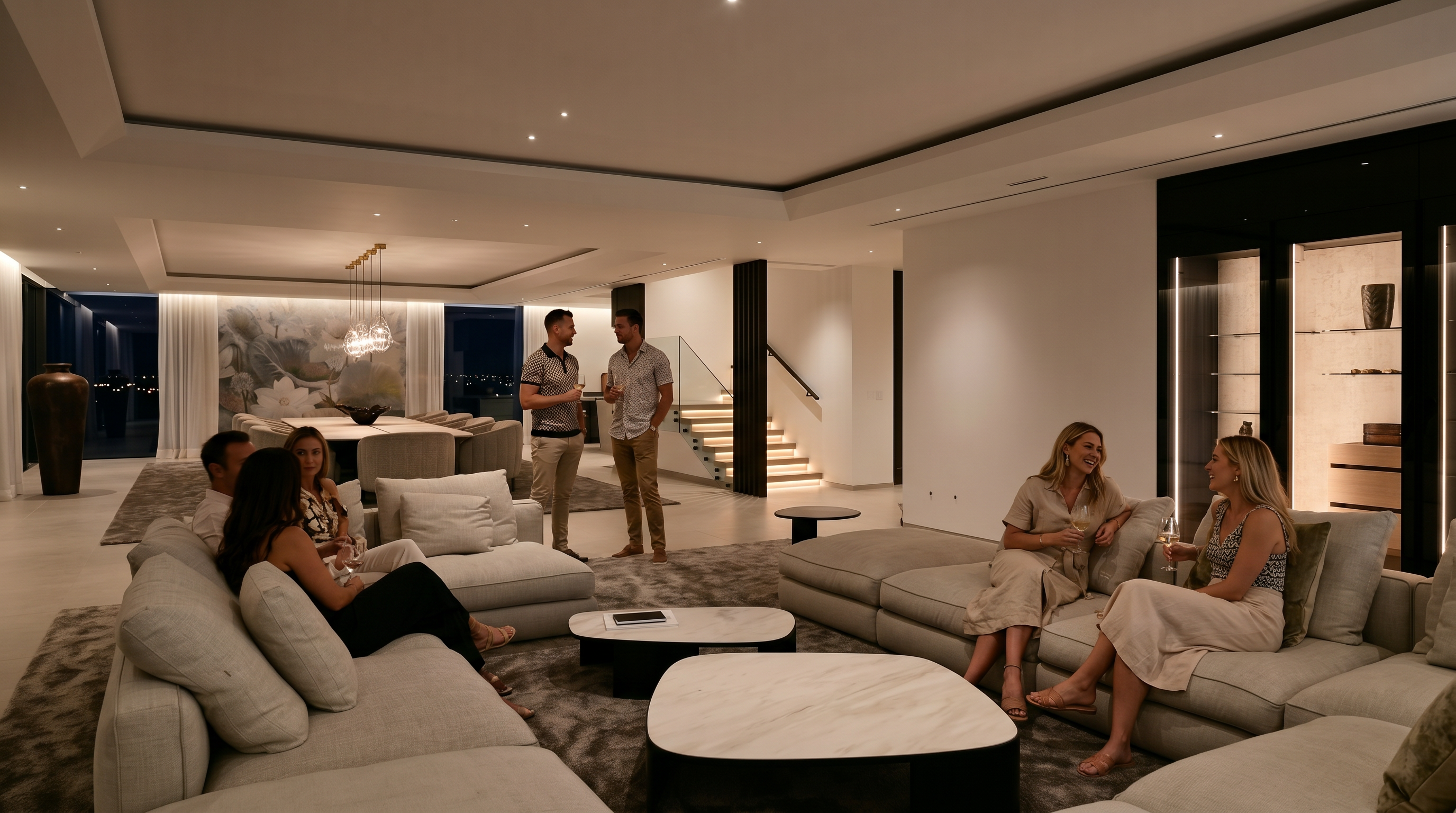 This expansive, open-concept living area features a large, neutral-toned sectional sofa arranged around two modern, organic-shaped coffee tables. The space flows seamlessly into a formal dining area in the background, which is illuminated by a series of elegant pendant lights and accented by a large-scale mural. A staircase with a glass railing and dark vertical slats adds architectural interest, while the overall aesthetic is sophisticated, minimalist, and bright.