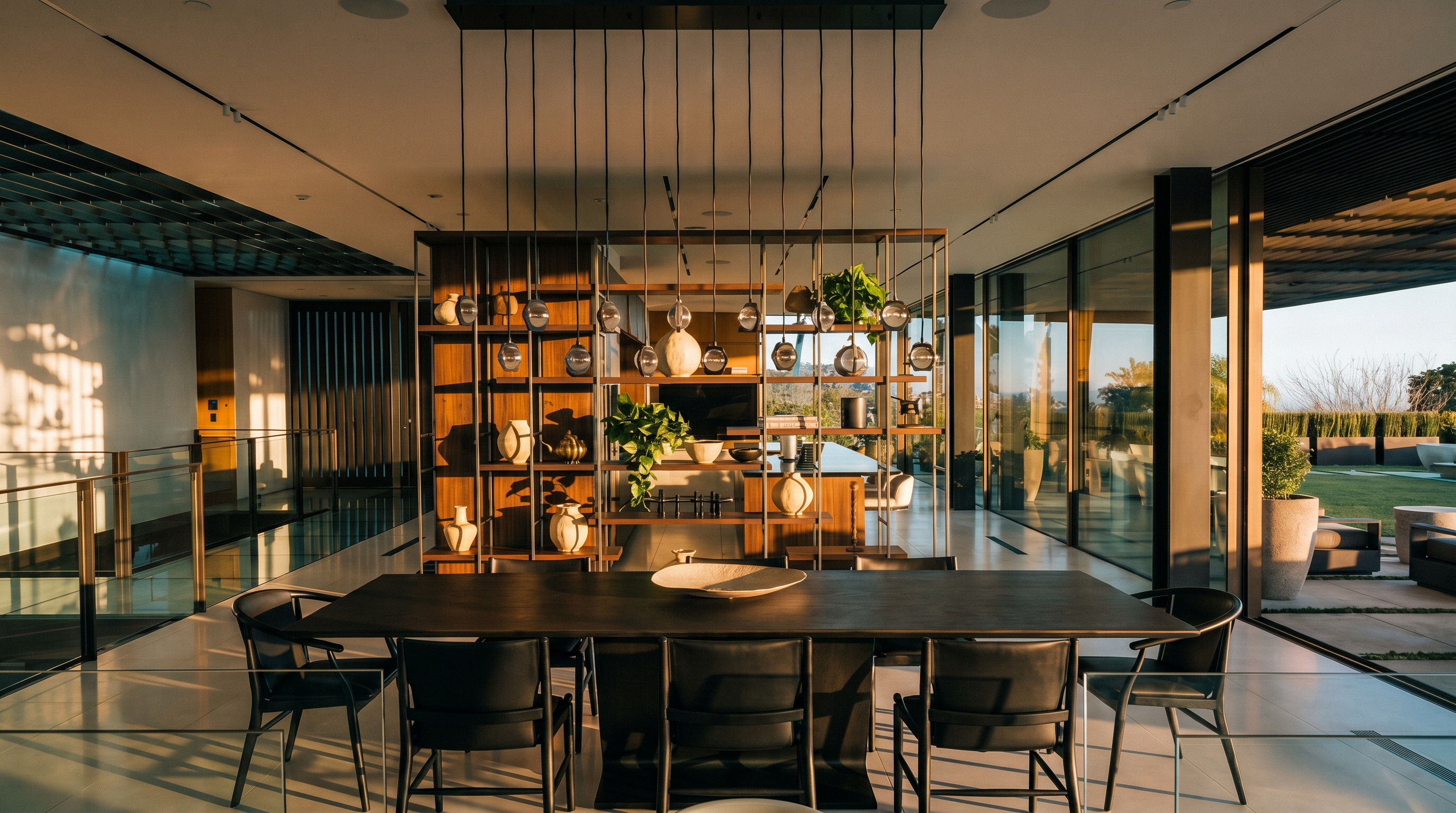 This sophisticated dining room features a long, dark wood table surrounded by sleek black chairs, positioned beneath a striking row of modern glass pendant lights. A large, open-concept shelving unit serves as a room divider, showcasing decorative pottery and lush greenery while maintaining an airy, transparent feel. The space is bathed in warm, golden-hour light streaming through expansive floor-to-ceiling glass walls that offer a seamless transition to the outdoor landscape.