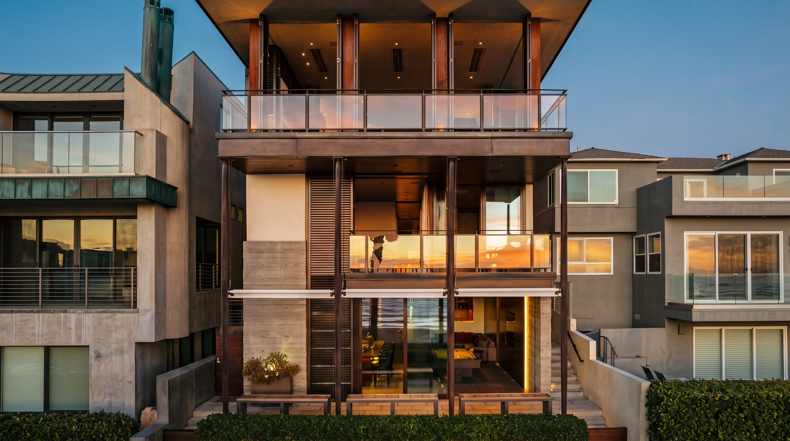 This modern, multi-level coastal residence features a striking architectural design with clean lines and a prominent use of glass and dark metal framing. The rear facade showcases expansive balconies on the upper levels, providing seamless indoor-outdoor living, while the ground level opens directly to a patio area overlooking the ocean. The structure is flanked by concrete retaining walls and tiered landscaping, creating a sophisticated and contemporary aesthetic.