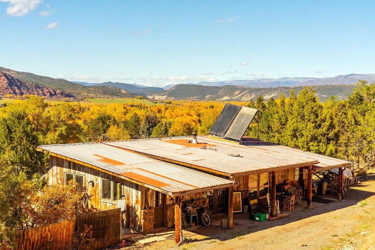 This elevated perspective captures a rustic, single-story home nestled in a scenic, mountainous landscape during autumn. The house features a weathered metal roof, solar panels, and a covered porch area, set against a backdrop of vibrant yellow trees and distant mountain ranges. The overall impression is one of a secluded, nature-integrated retreat with a rugged, cabin-like aesthetic.