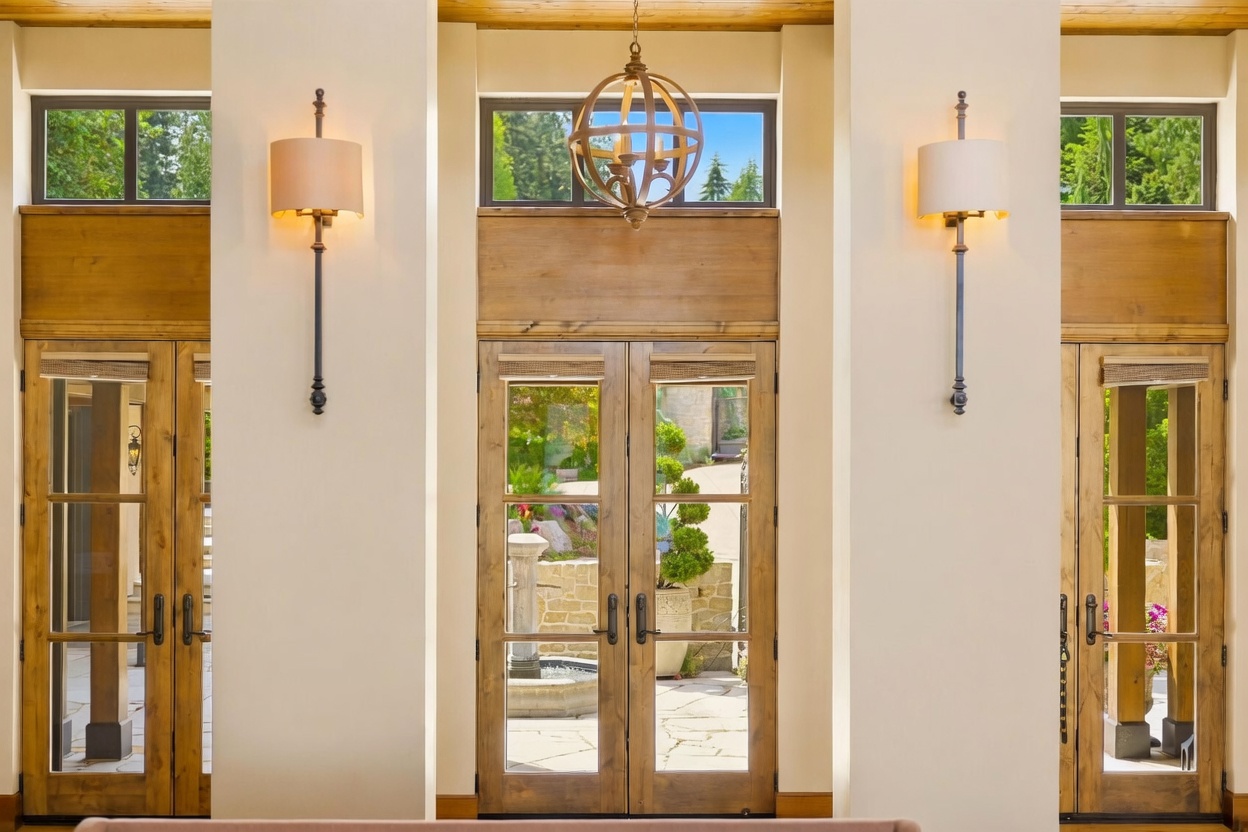 This elegant entryway features a symmetrical design with a central set of double glass doors flanked by two matching glass-paneled doors. The space is illuminated by a large, spherical metal chandelier hanging from the ceiling and two wall-mounted sconces with white fabric shades. Through the glass, a view of a stone patio and a water feature creates a seamless transition between the interior and the outdoor garden space.