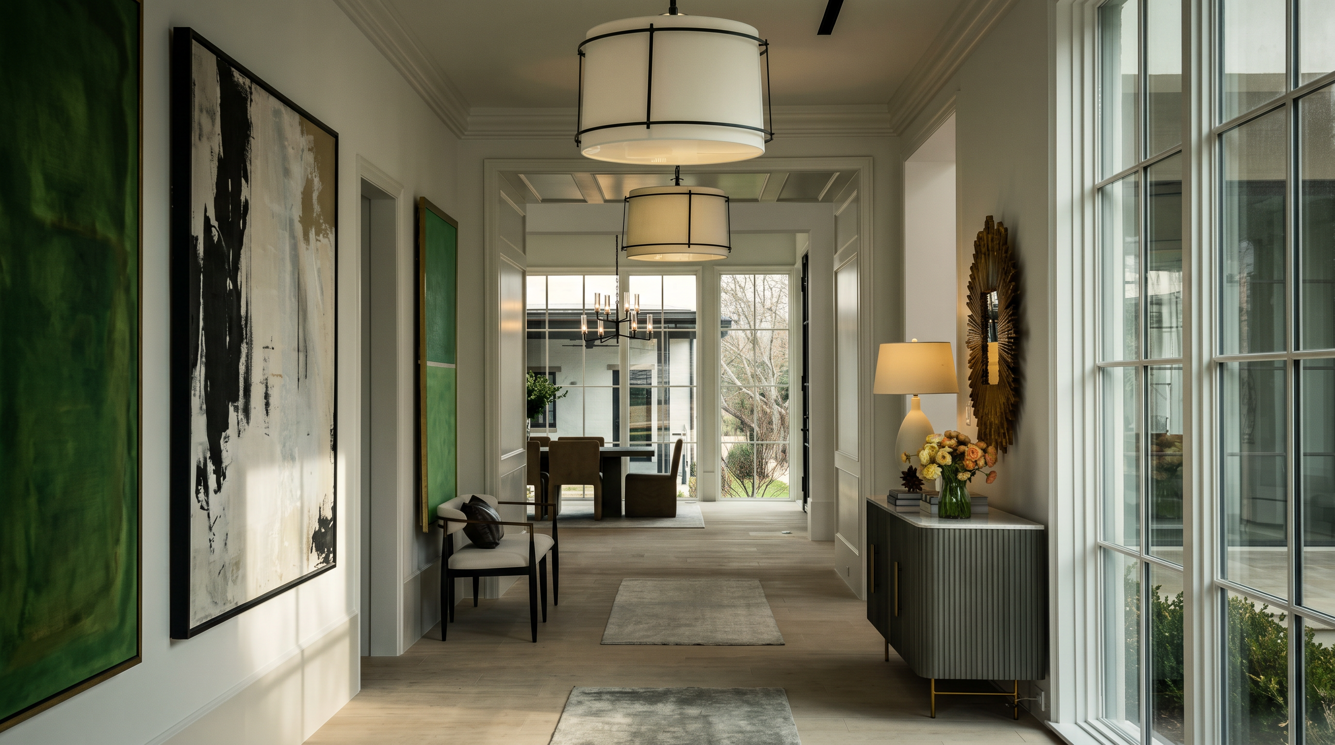 This elegant, light-filled hallway features a neutral color palette and clean lines, creating a sophisticated transition between living spaces. The space is anchored by two large drum pendant lights and a sleek, fluted-front console table topped with a lamp and floral arrangement. A view through the rear glass doors reveals a dining area, emphasizing the home's open and airy architectural flow.