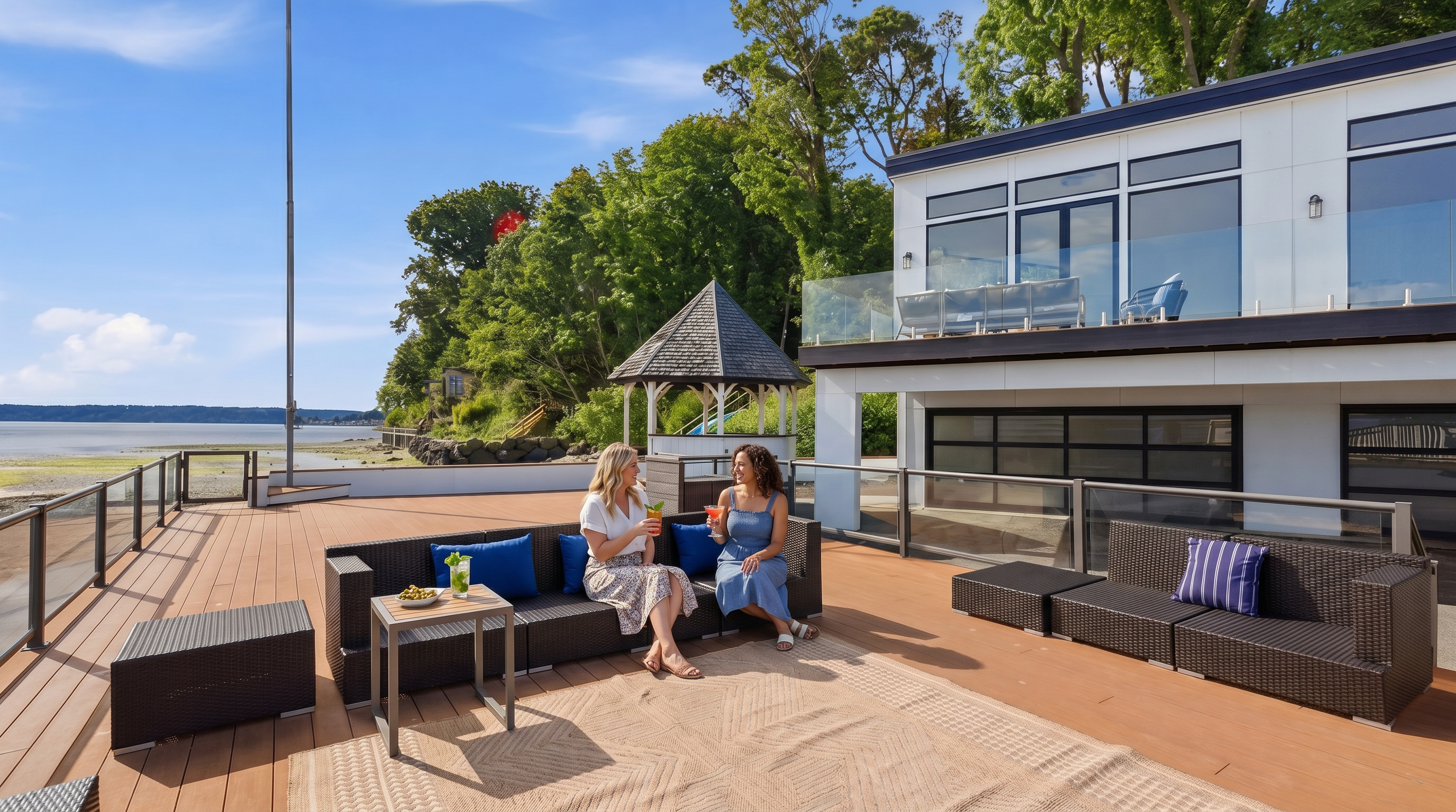 This expansive waterfront deck features dark wicker outdoor furniture with blue accent pillows, arranged on a large wooden surface. The deck overlooks a serene coastal landscape with a gazebo and a clear view of the water, while the adjacent modern home showcases large glass panels and a balcony. The bright, sunny atmosphere highlights the seamless transition between indoor and outdoor living spaces.