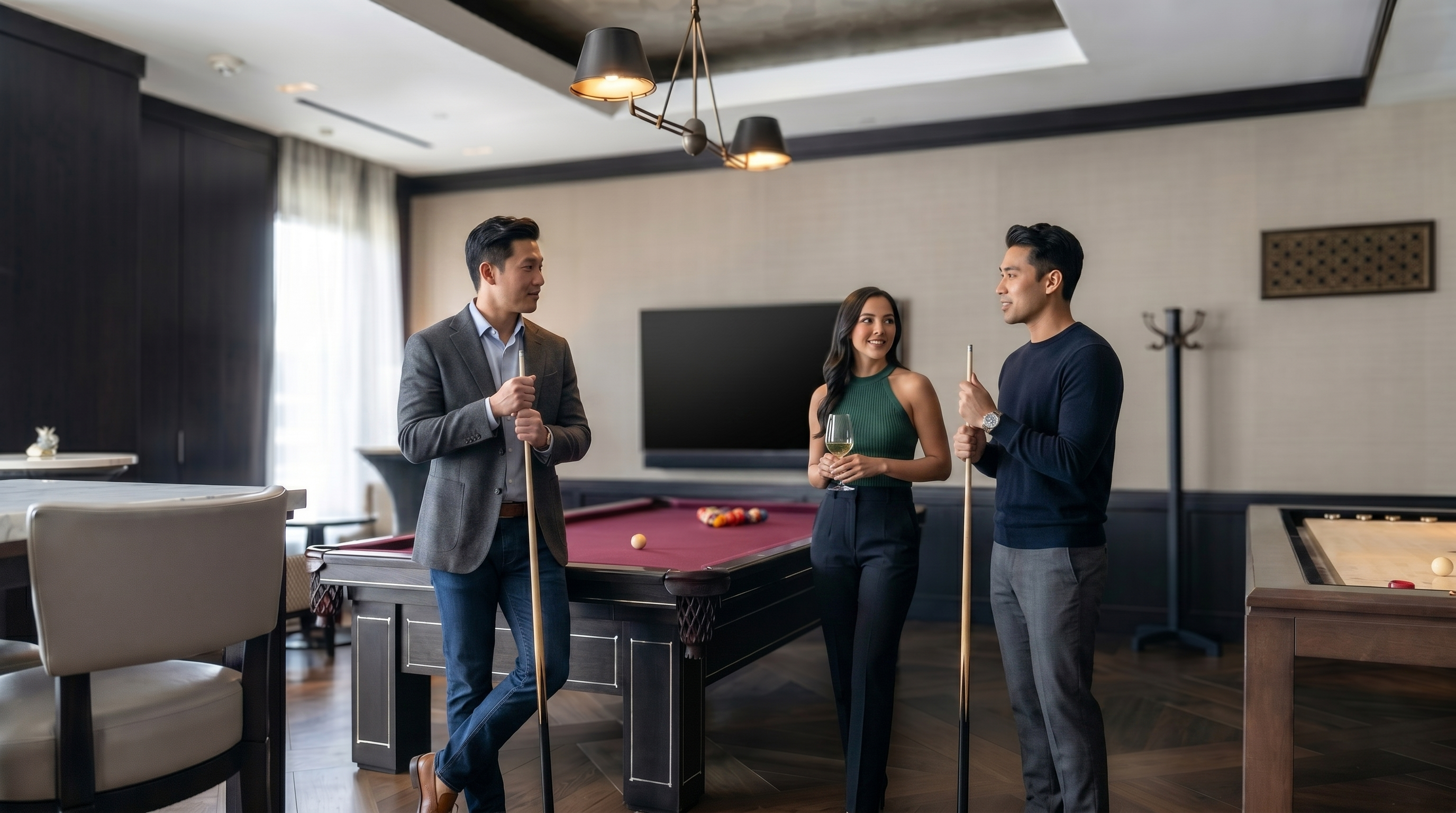 This sophisticated clubhouse lounge features a high-end gaming area equipped with a purple-felt pool table and a secondary game table, alongside a tall bar-style dining set. The interior boasts rich wood flooring in an intricate pattern, a recessed ceiling with elegant lighting fixtures, and a wall-mounted television, creating an inviting atmosphere for social interaction. Expansive windows draped in floor-to-ceiling curtains provide plenty of natural light, emphasizing the luxurious and contemporary design of the space.