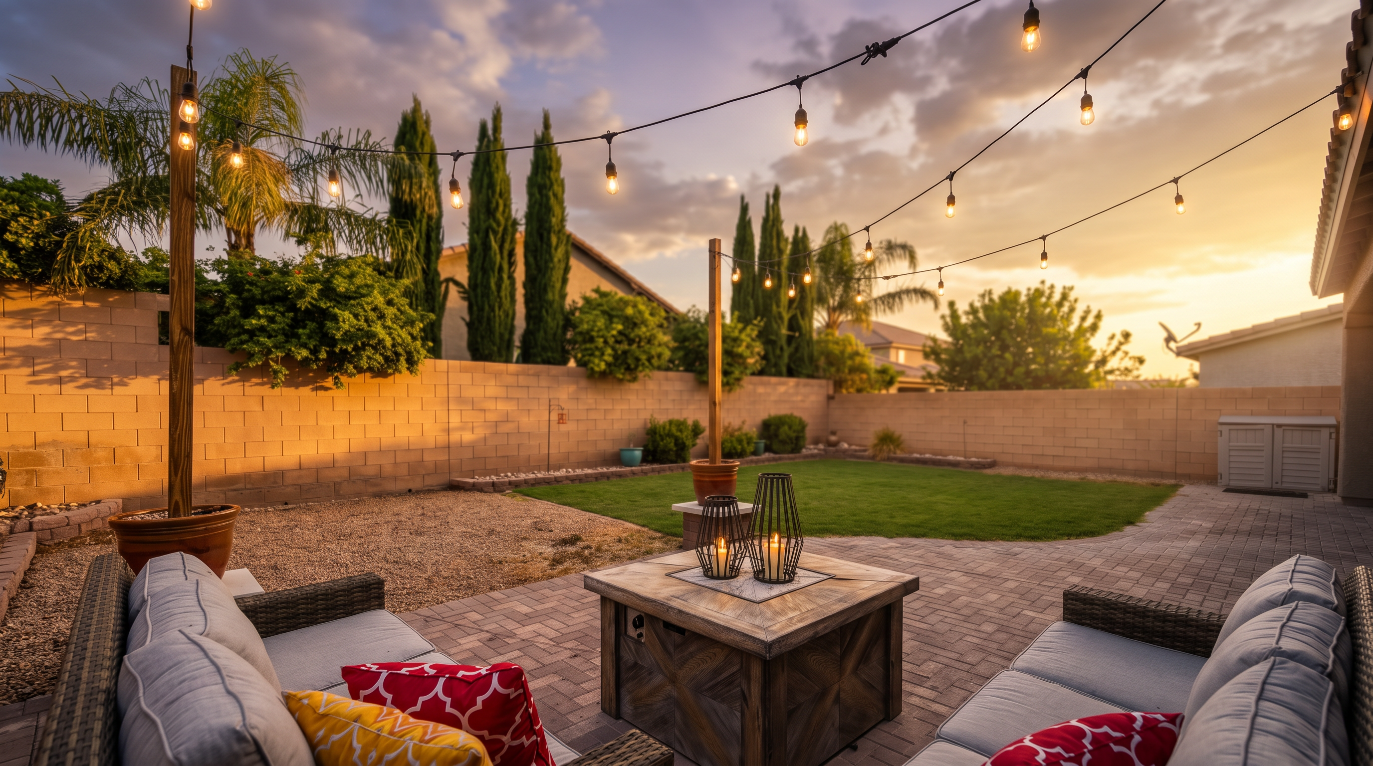 This inviting outdoor living space features a paved patio area furnished with comfortable seating and a central fire pit table. String lights are draped overhead, creating a warm ambiance that extends toward a well-manicured lawn and a private backyard enclosed by a block wall. The perspective captures a cozy, ready-to-use entertainment area perfect for relaxing or hosting guests.