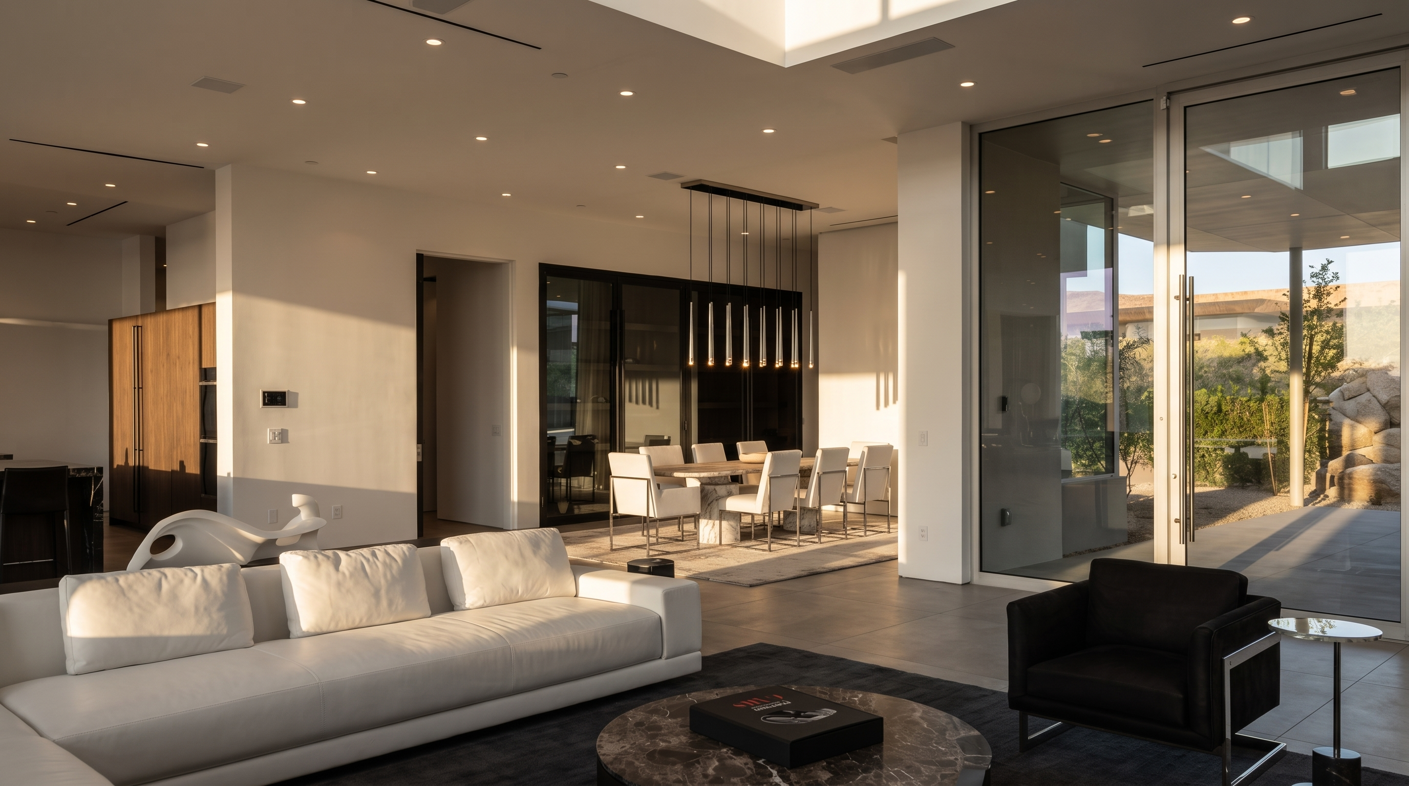 This open-concept living and dining area showcases a modern, minimalist aesthetic with high ceilings and expansive glass walls that provide a seamless transition to the outdoors. The foreground features a sleek white sofa and a circular stone coffee table, while the background highlights a formal dining space illuminated by a series of slender, vertical pendant lights. The neutral color palette and clean lines create an airy, sophisticated atmosphere suitable for contemporary luxury living.