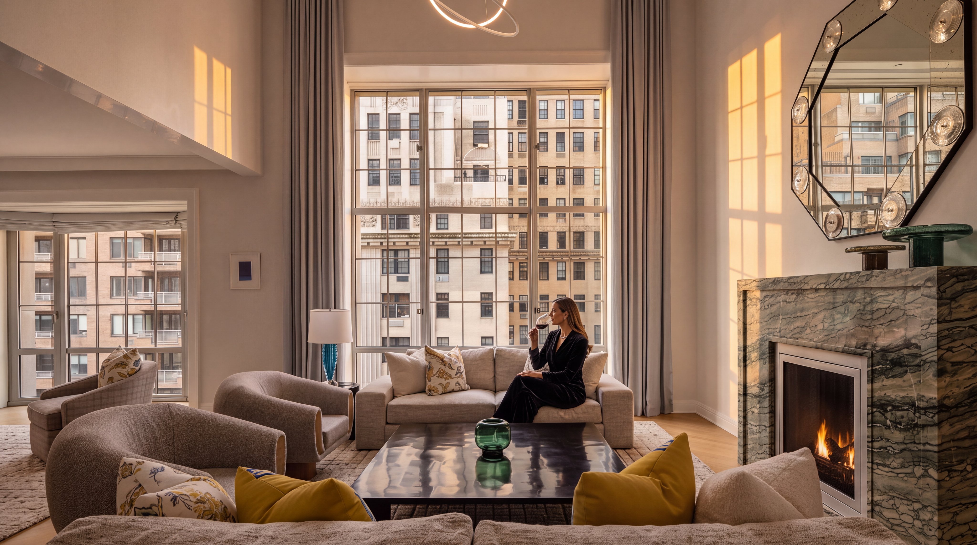 This sophisticated living room features a double-height ceiling anchored by a striking, modern sculptural chandelier. A large, stone-clad chimney breast serves as a focal point, complemented by a unique octagonal mirror above it. The space is furnished with plush, curved seating and a central coffee table, all positioned to take advantage of the expansive, tall windows that provide a view of the surrounding urban architecture.