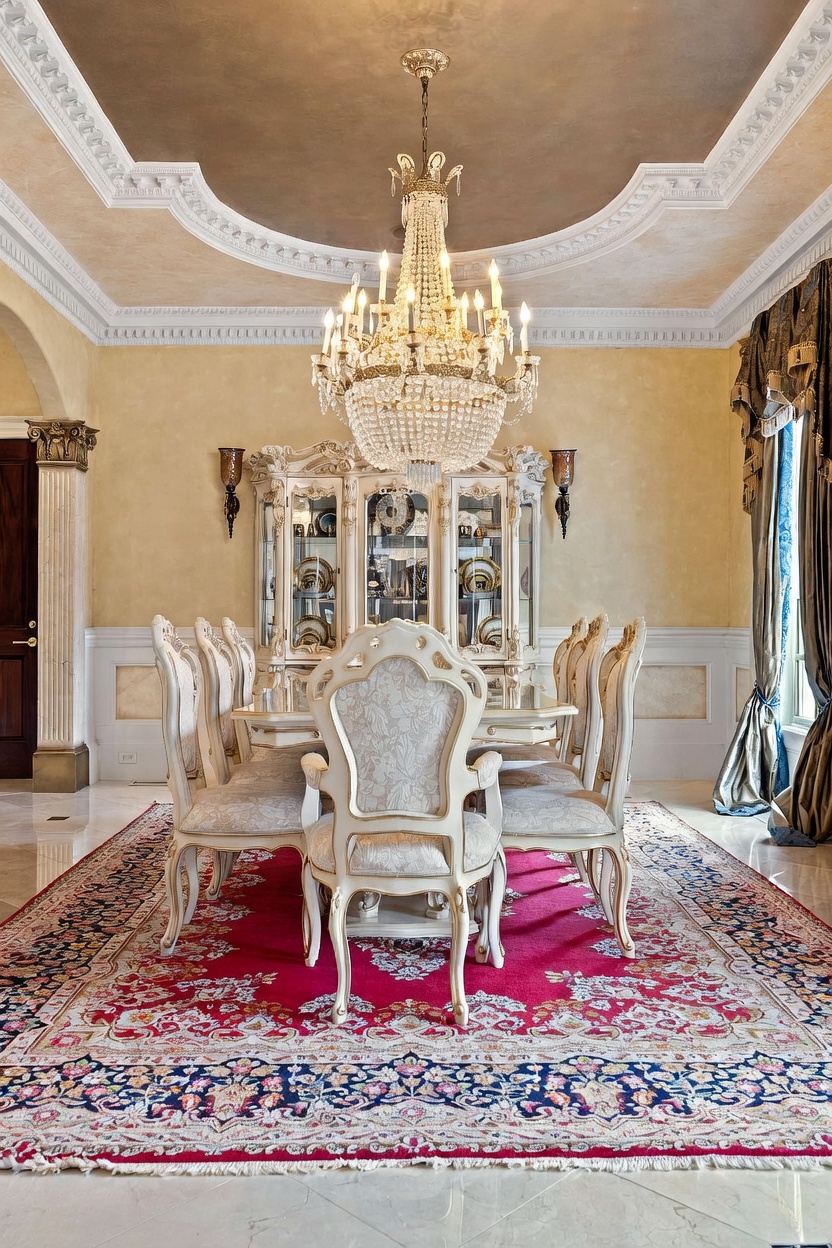 This formal dining room features an ornate, traditional aesthetic centered around a large crystal chandelier hanging from a recessed, tray-style ceiling. A matching set of light-toned, upholstered chairs surrounds a glass-topped dining table, positioned in front of a detailed china cabinet. The space is grounded by a vibrant, patterned area rug and framed by elegant drapery and decorative columns, creating a sophisticated and opulent atmosphere.