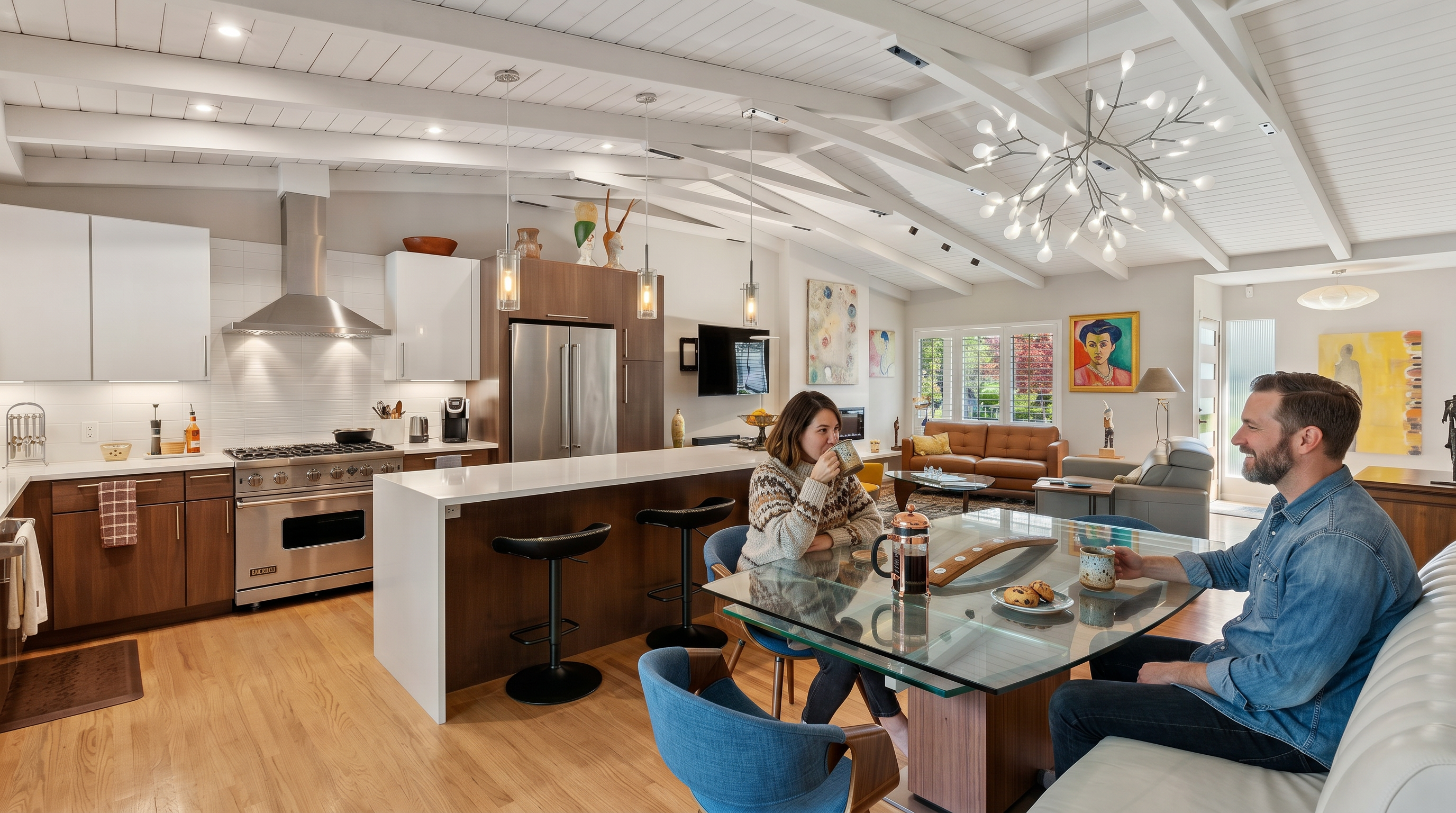 This open-concept living space features a modern kitchen with dark wood cabinetry, white quartz countertops, and a large central island with bar seating. The room boasts a high, vaulted white-beamed ceiling, a striking contemporary chandelier, and a seamless transition into a dining area and living room. The bright, airy atmosphere is enhanced by warm hardwood flooring and tasteful mid-century modern decor.