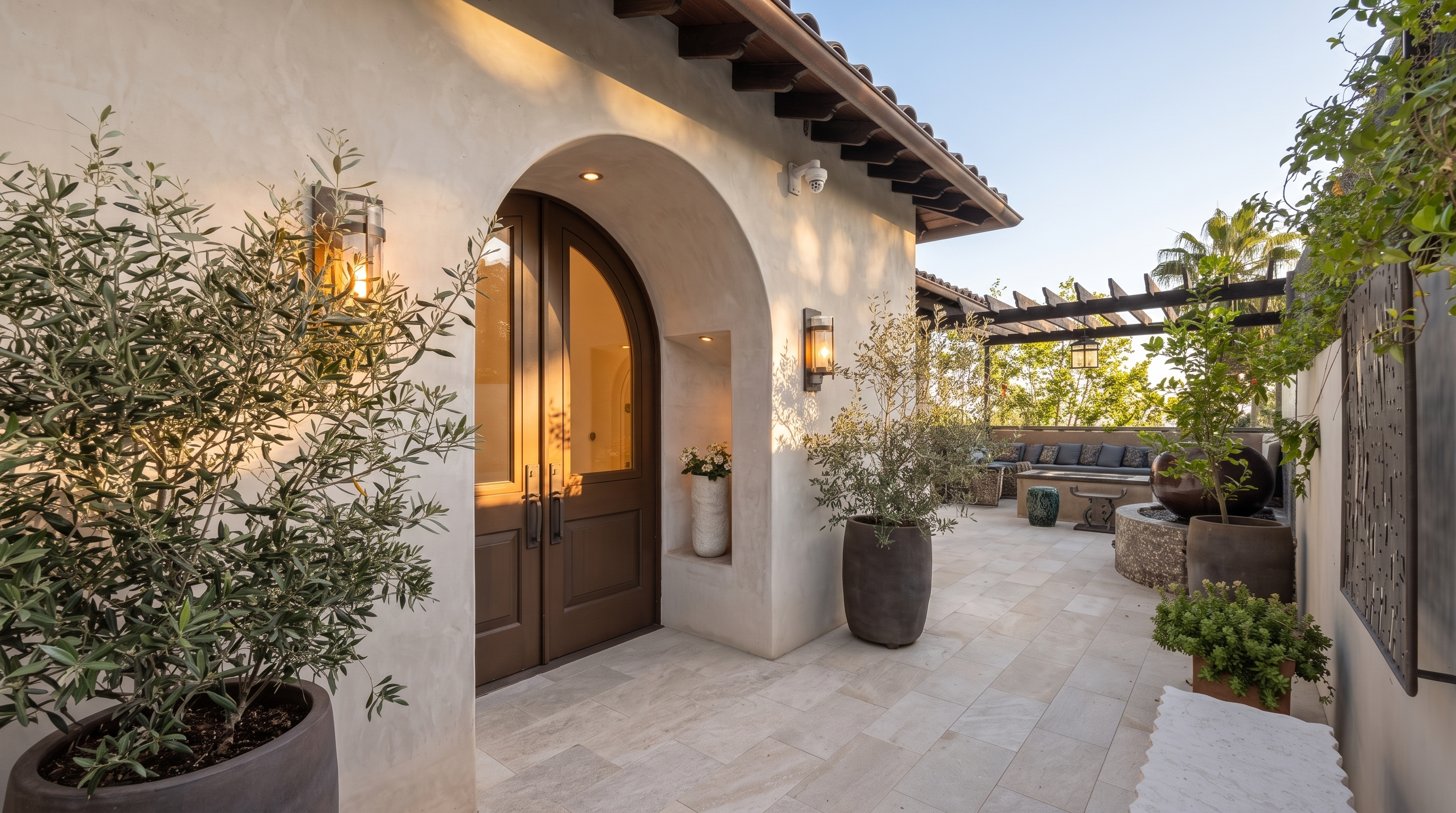This inviting Mediterranean-style entryway features a prominent arched wooden double door set into a light-toned stucco wall. The patio area is paved with large stone tiles and adorned with potted olive trees, leading toward a pergola-covered seating area in the background. The scene is bathed in bright, natural sunlight, creating a warm and serene atmosphere perfect for outdoor relaxation.