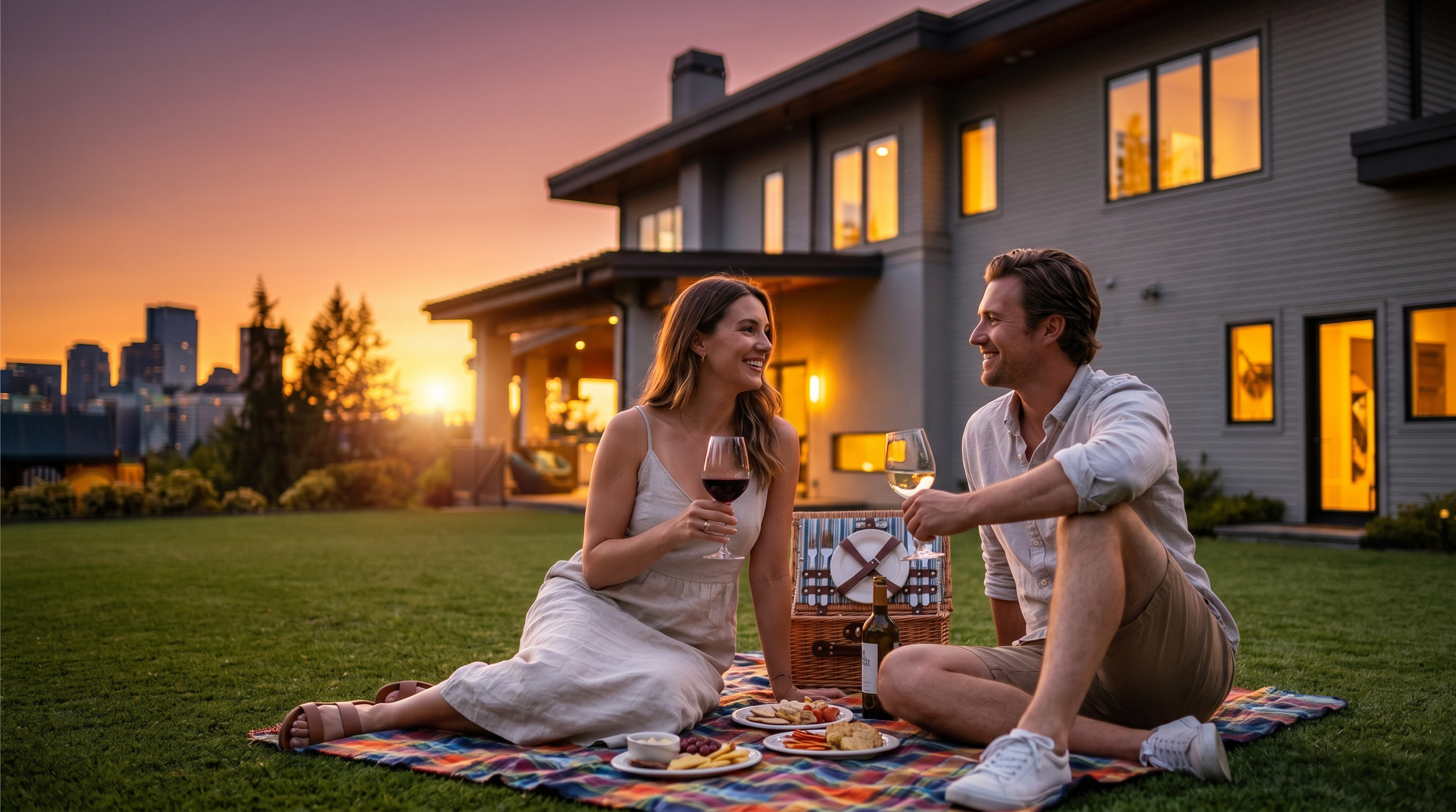 This modern residence features a clean, light-colored horizontal siding exterior with a prominent covered patio area and a spacious, well-manicured lawn. The home is positioned to offer a striking view of a distant city skyline, blending suburban comfort with urban proximity. Large windows and a sleek roofline define the contemporary architectural style, while the expansive backyard provides a serene setting for outdoor living.